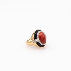 Art Nouveau Mediterranean Red Coral White Diamond Onyx Yellow Gold Cocktail Ring