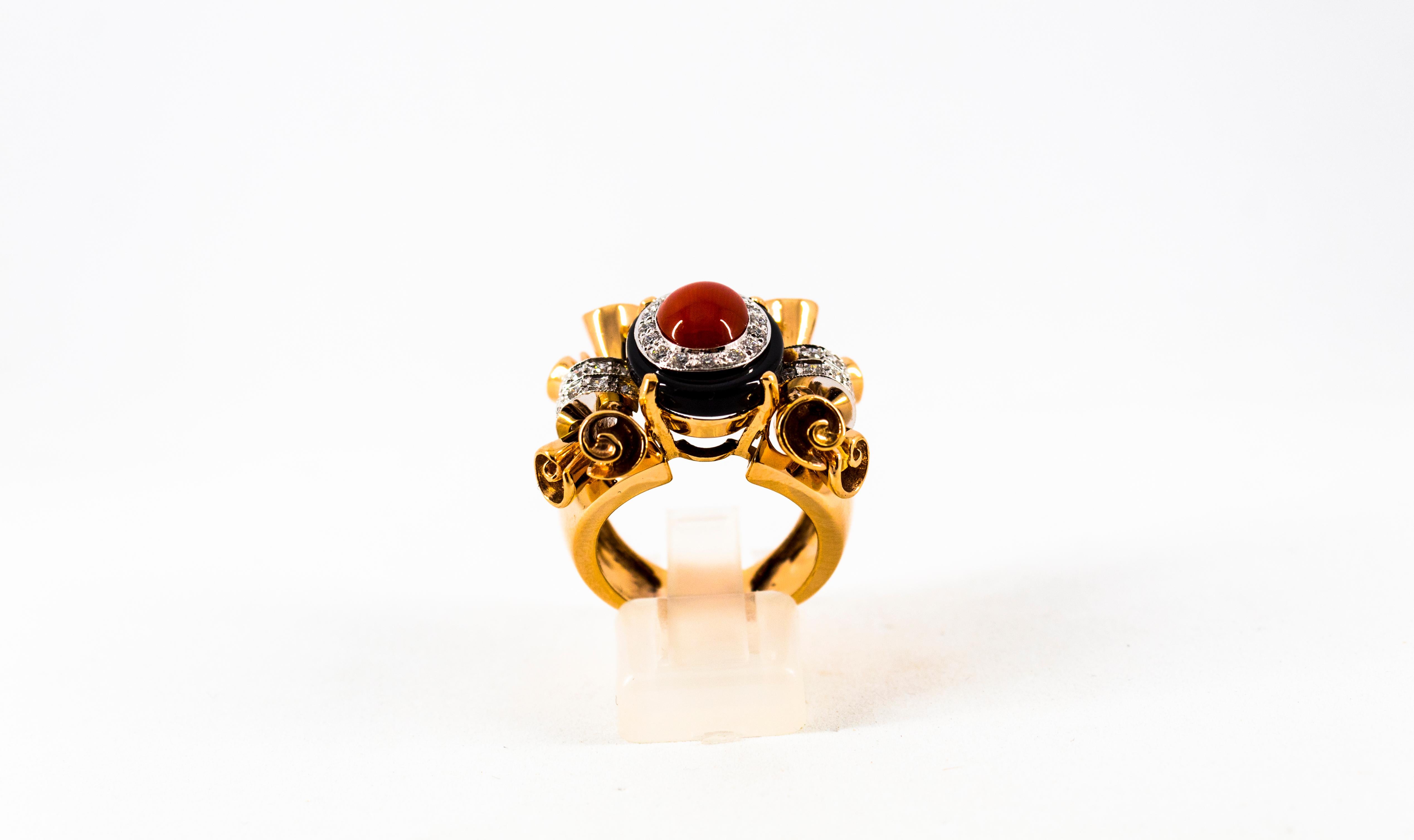 Brilliant Cut Art Nouveau Mediterranean Red Coral White Diamond Onyx Yellow Gold Cocktail Ring For Sale