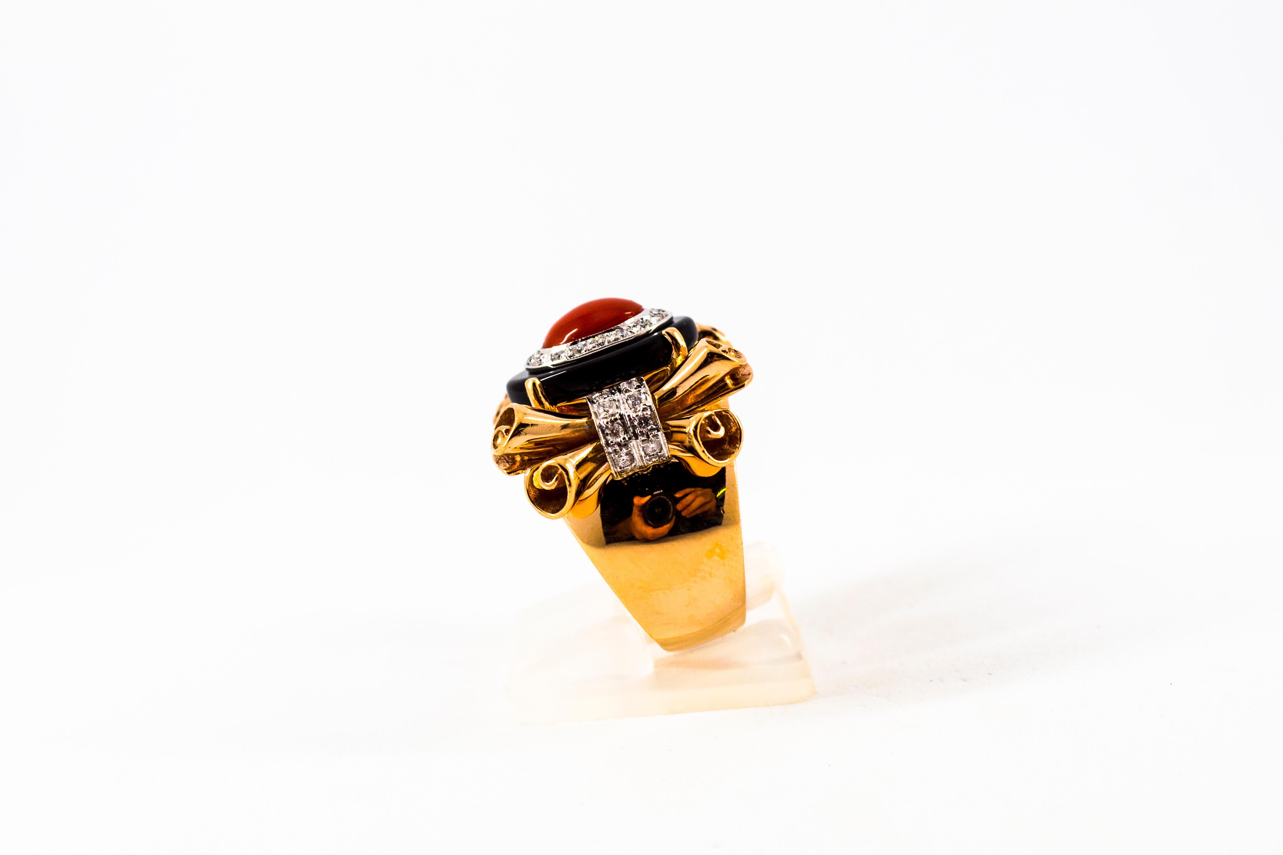 Women's or Men's Art Nouveau Mediterranean Red Coral White Diamond Onyx Yellow Gold Cocktail Ring For Sale