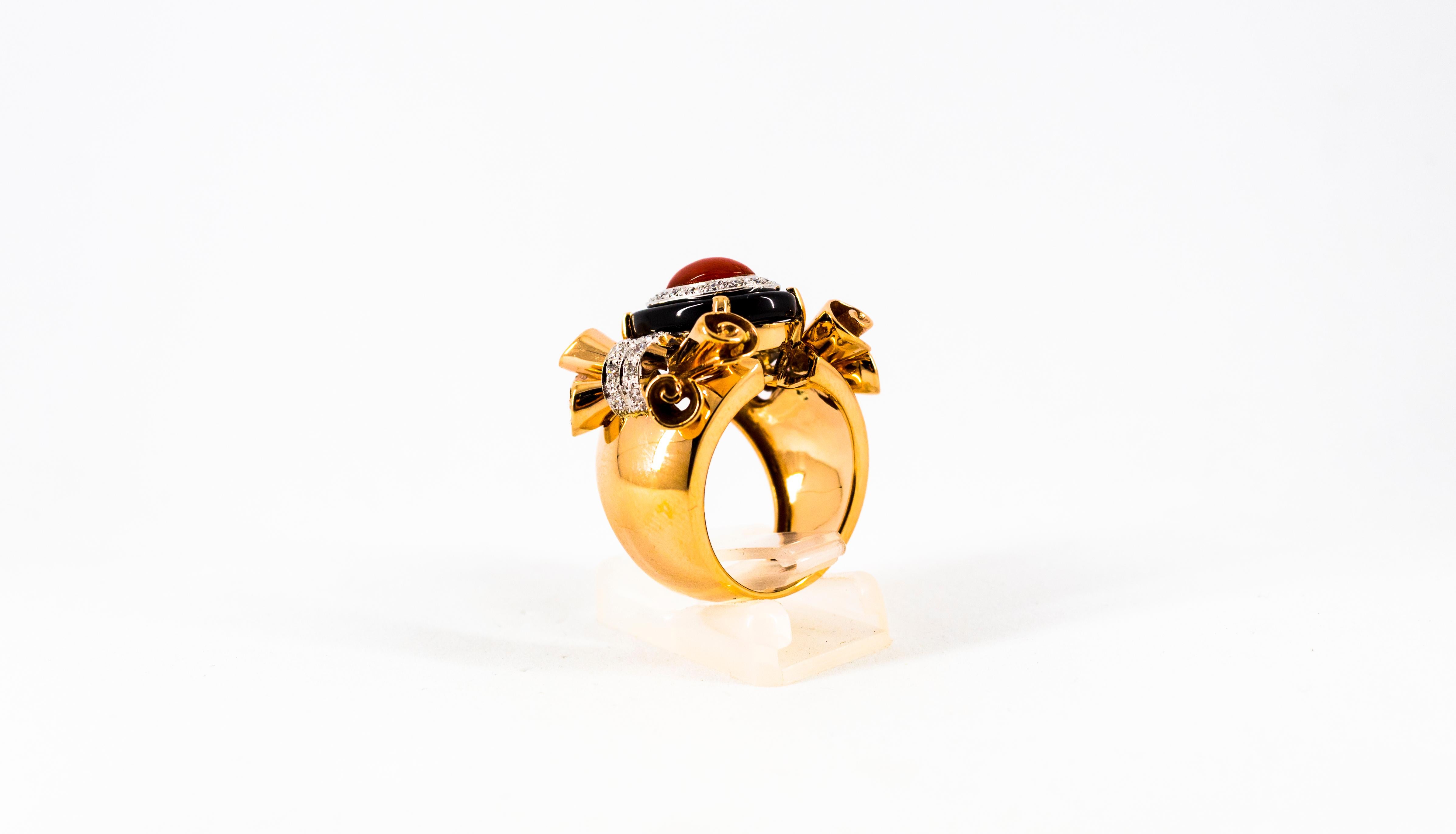 Art Nouveau Mediterranean Red Coral White Diamond Onyx Yellow Gold Cocktail Ring For Sale 1