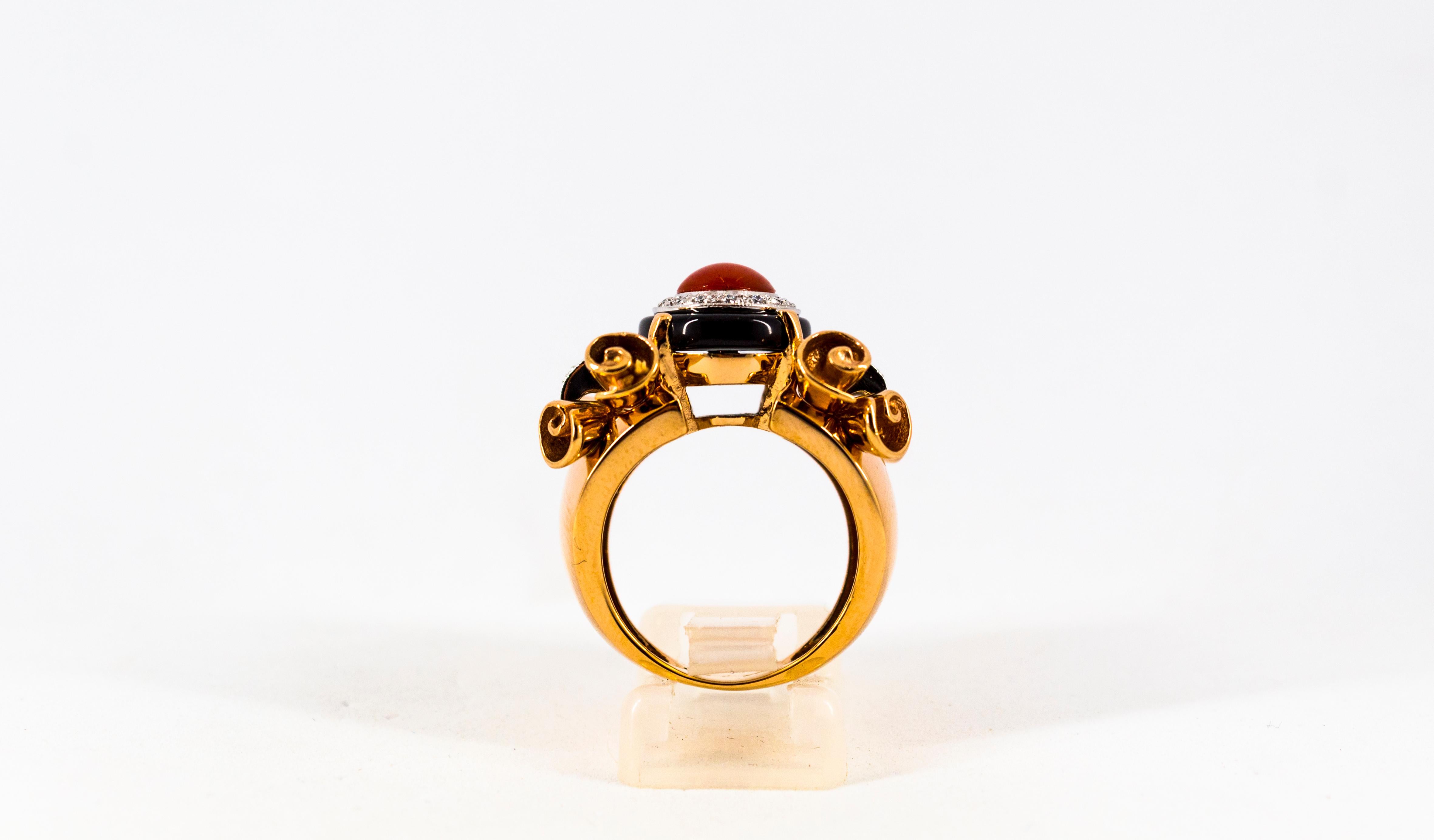 Art Nouveau Mediterranean Red Coral White Diamond Onyx Yellow Gold Cocktail Ring For Sale 2