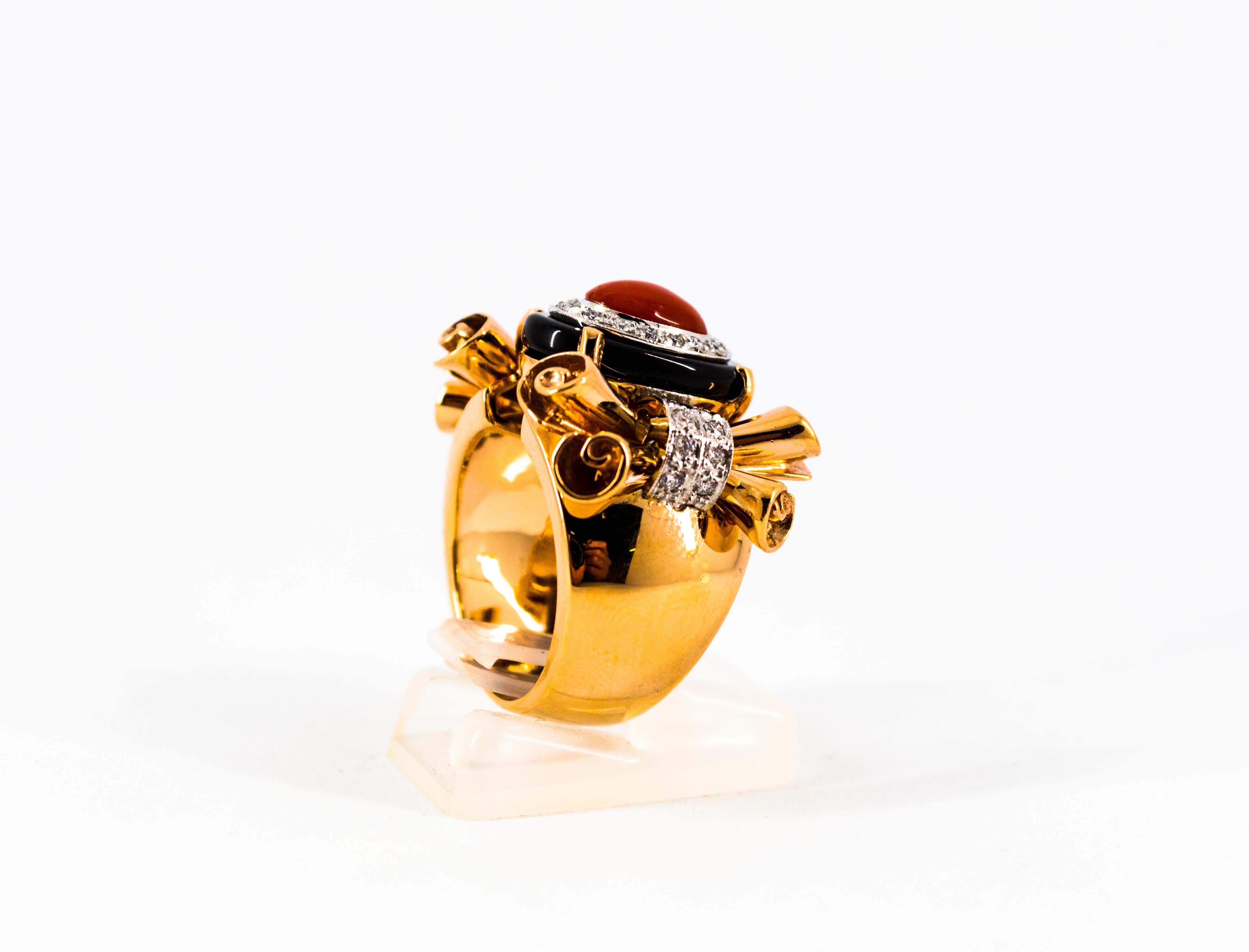 Art Nouveau Mediterranean Red Coral White Diamond Onyx Yellow Gold Cocktail Ring For Sale 3