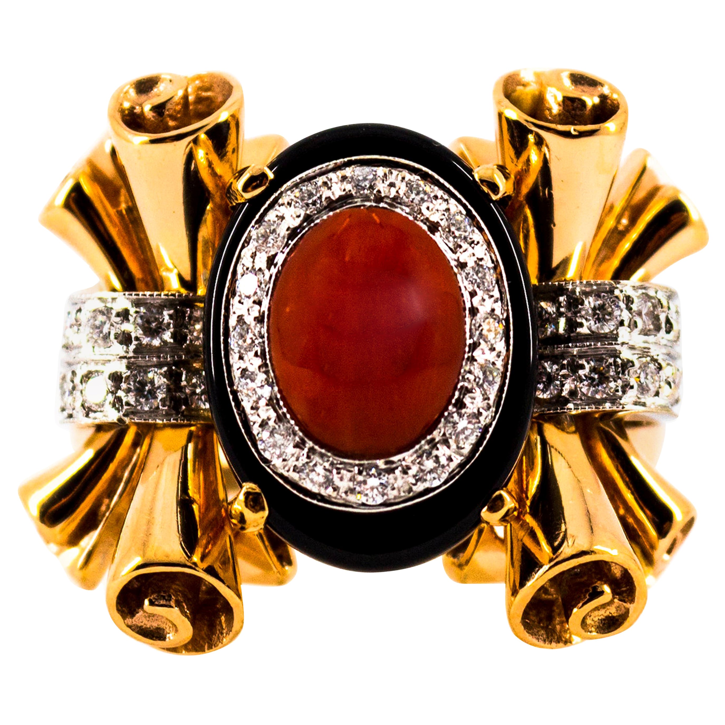 Art Nouveau Mediterranean Red Coral White Diamond Onyx Yellow Gold Cocktail Ring For Sale
