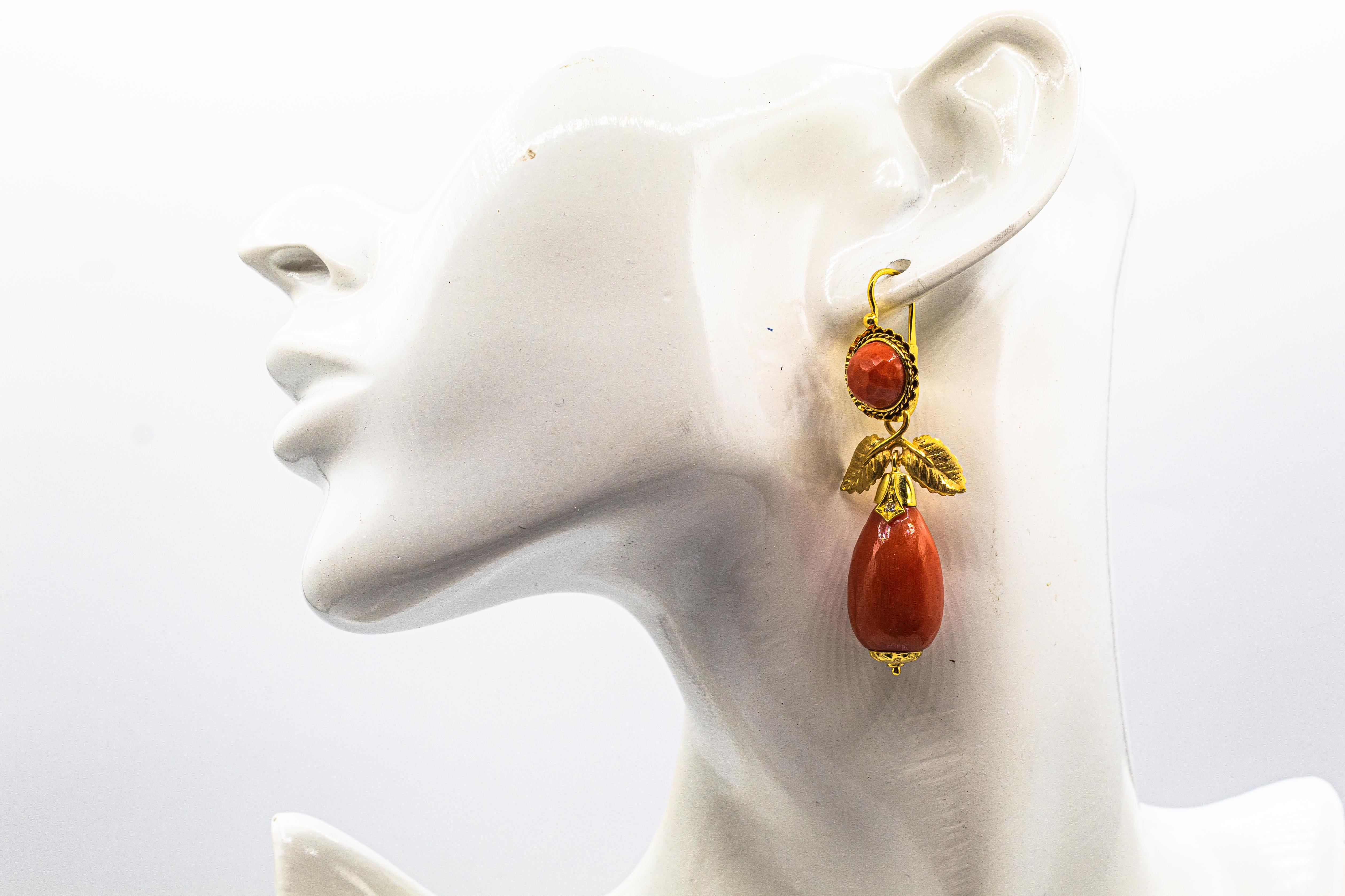 Art Nouveau Mediterranean Red Coral White Diamond Yellow Gold Drop Earrings 5