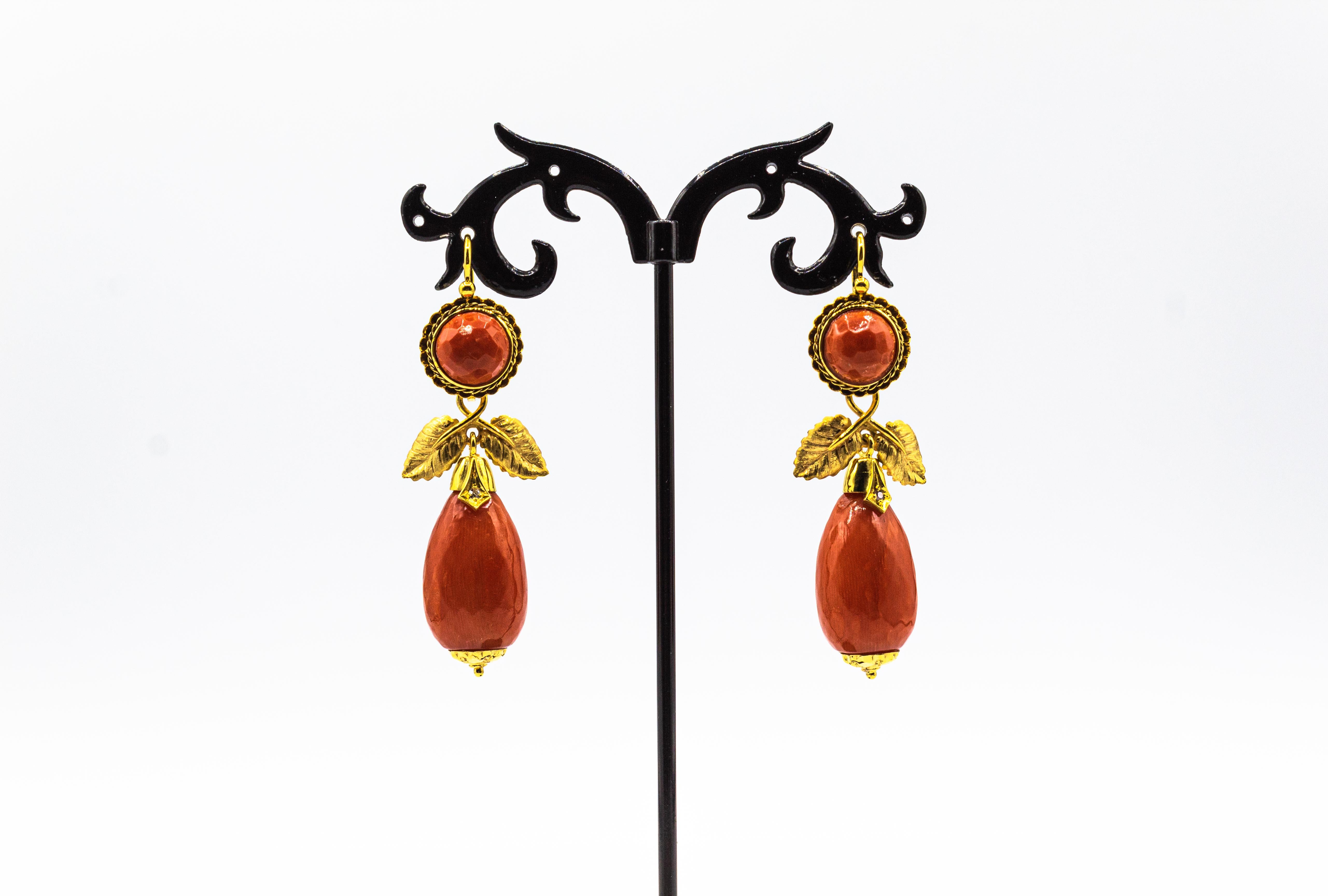 Cabochon Art Nouveau Mediterranean Red Coral White Diamond Yellow Gold Drop Earrings