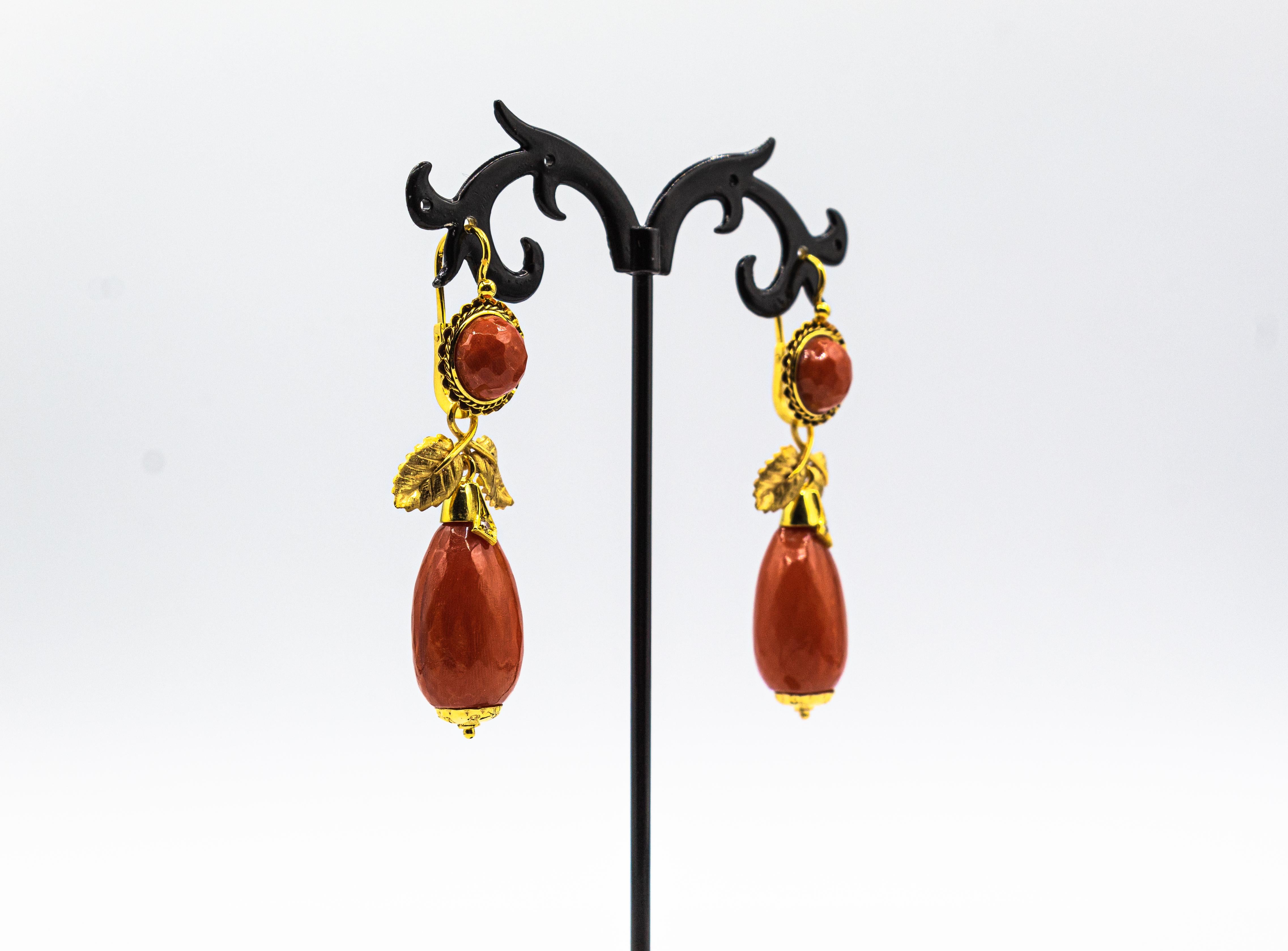 Art Nouveau Mediterranean Red Coral White Diamond Yellow Gold Drop Earrings In New Condition In Naples, IT