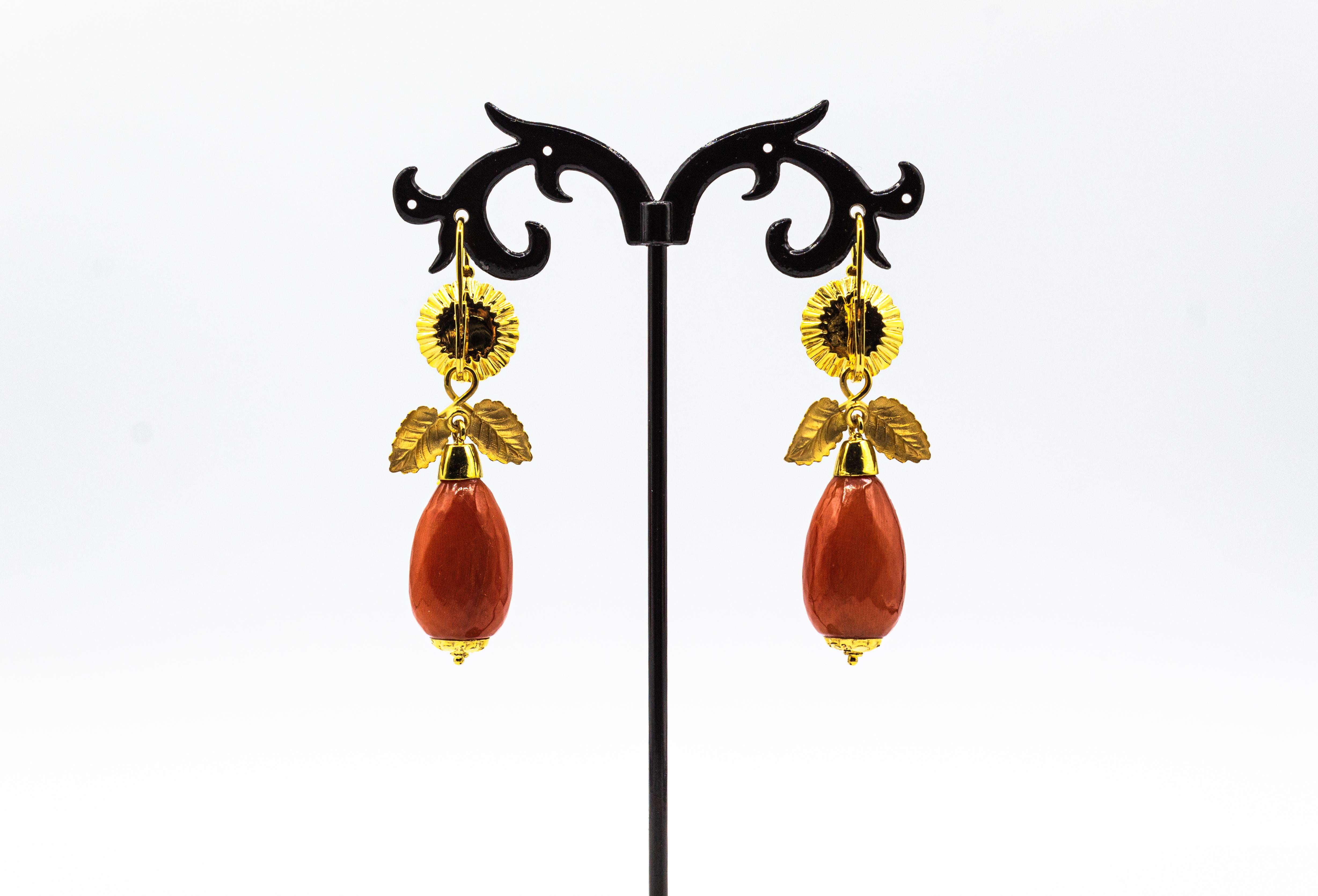 Women's or Men's Art Nouveau Mediterranean Red Coral White Diamond Yellow Gold Drop Earrings