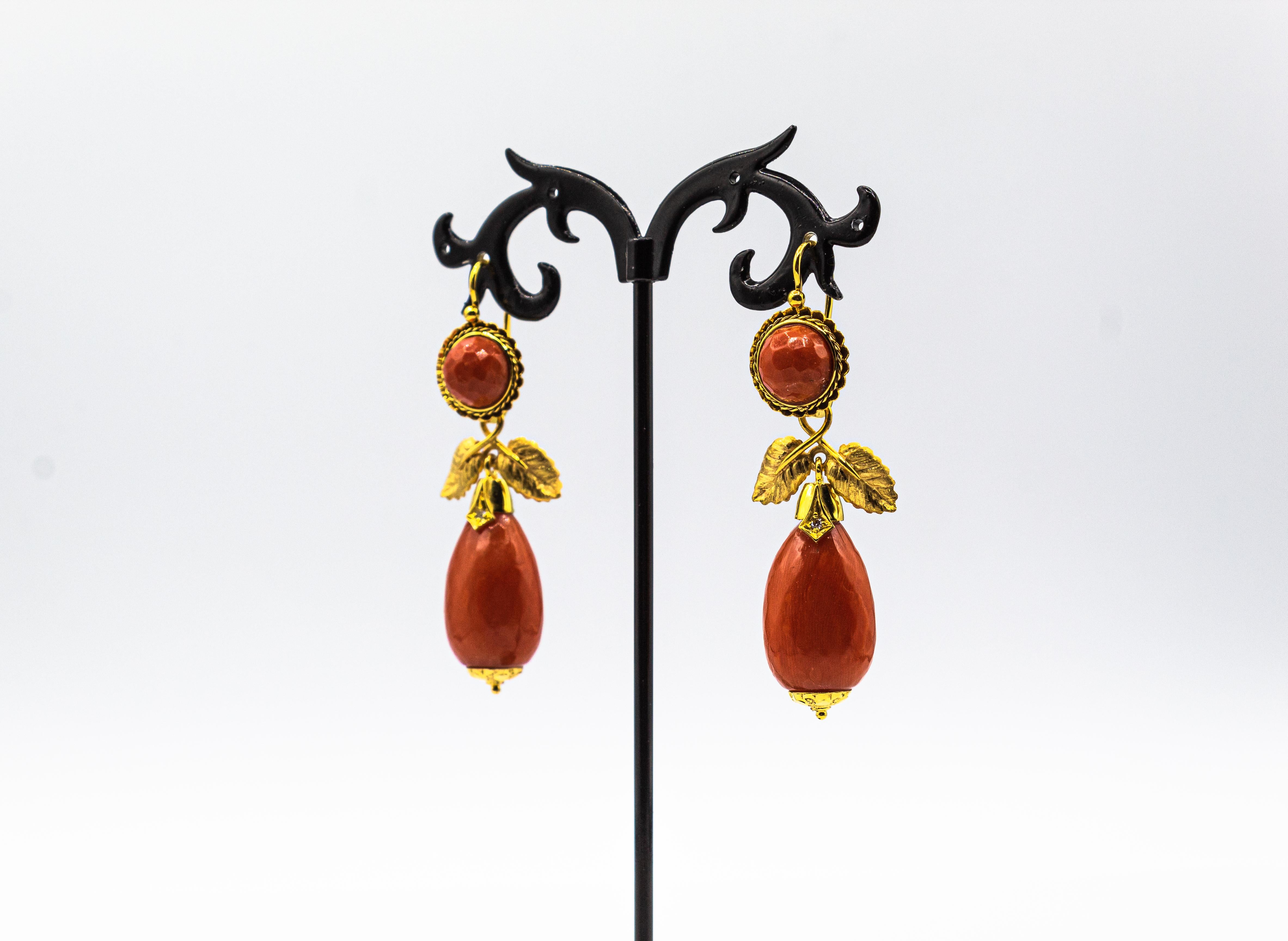 Art Nouveau Mediterranean Red Coral White Diamond Yellow Gold Drop Earrings 1