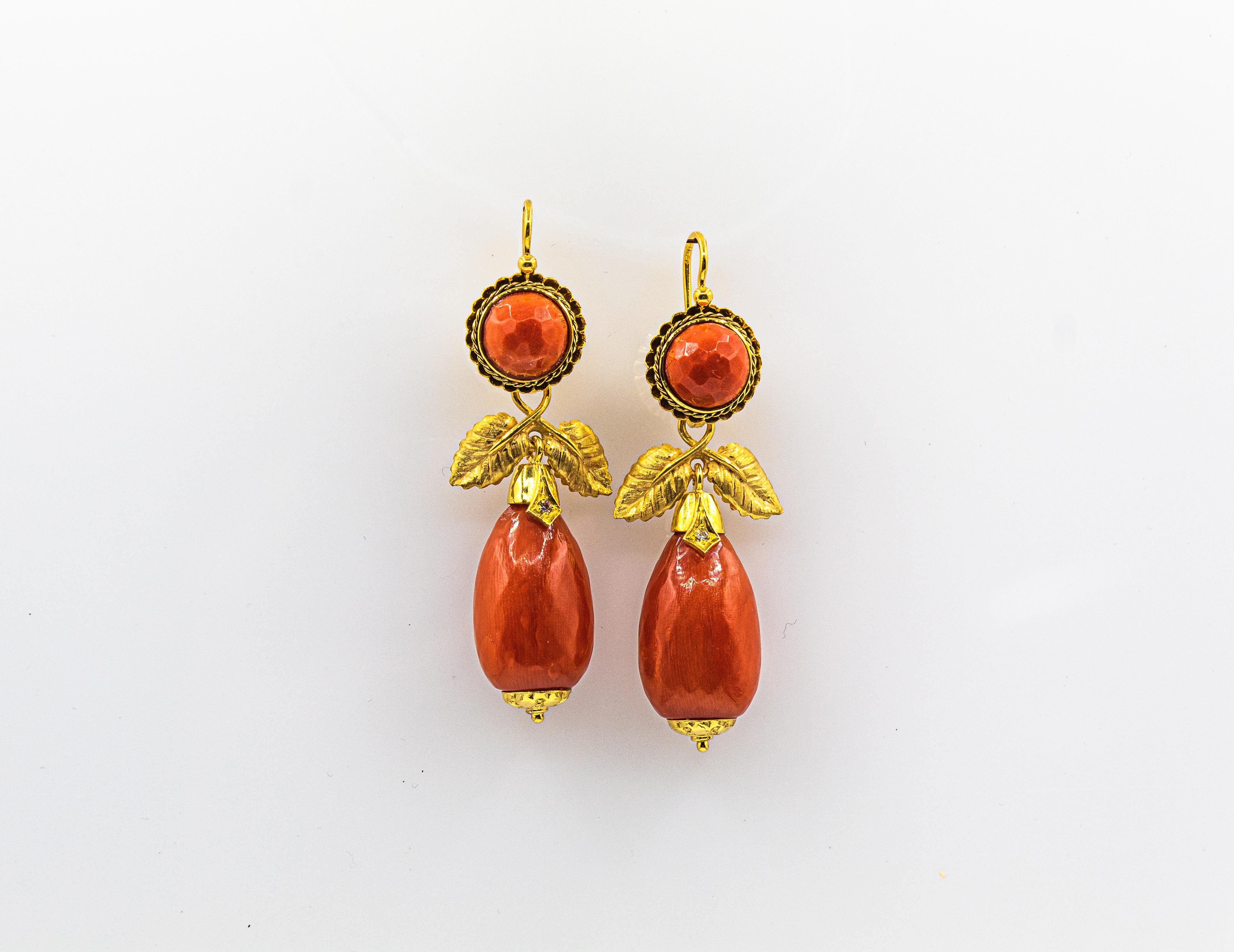 Art Nouveau Mediterranean Red Coral White Diamond Yellow Gold Drop Earrings 2