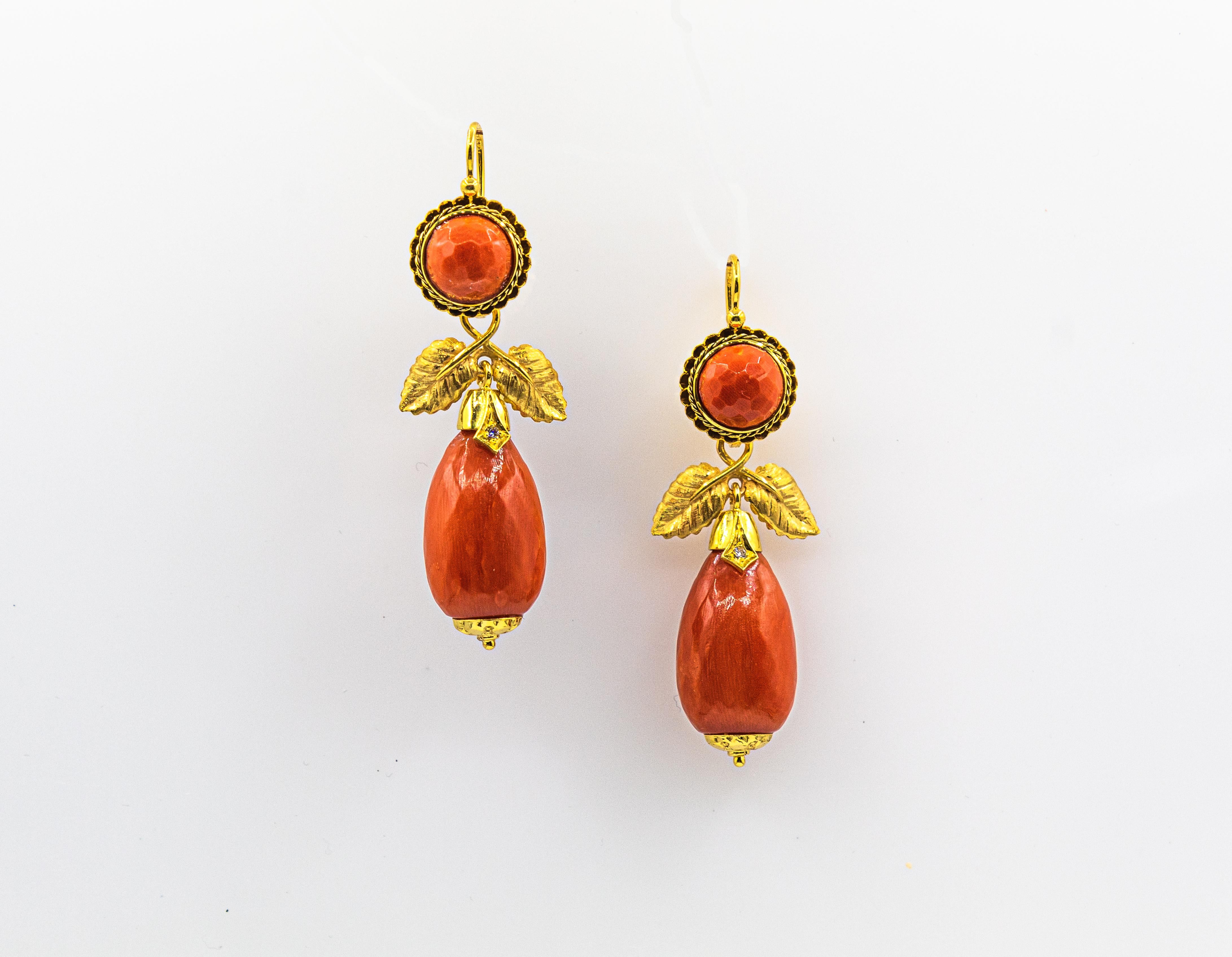 Art Nouveau Mediterranean Red Coral White Diamond Yellow Gold Drop Earrings 3