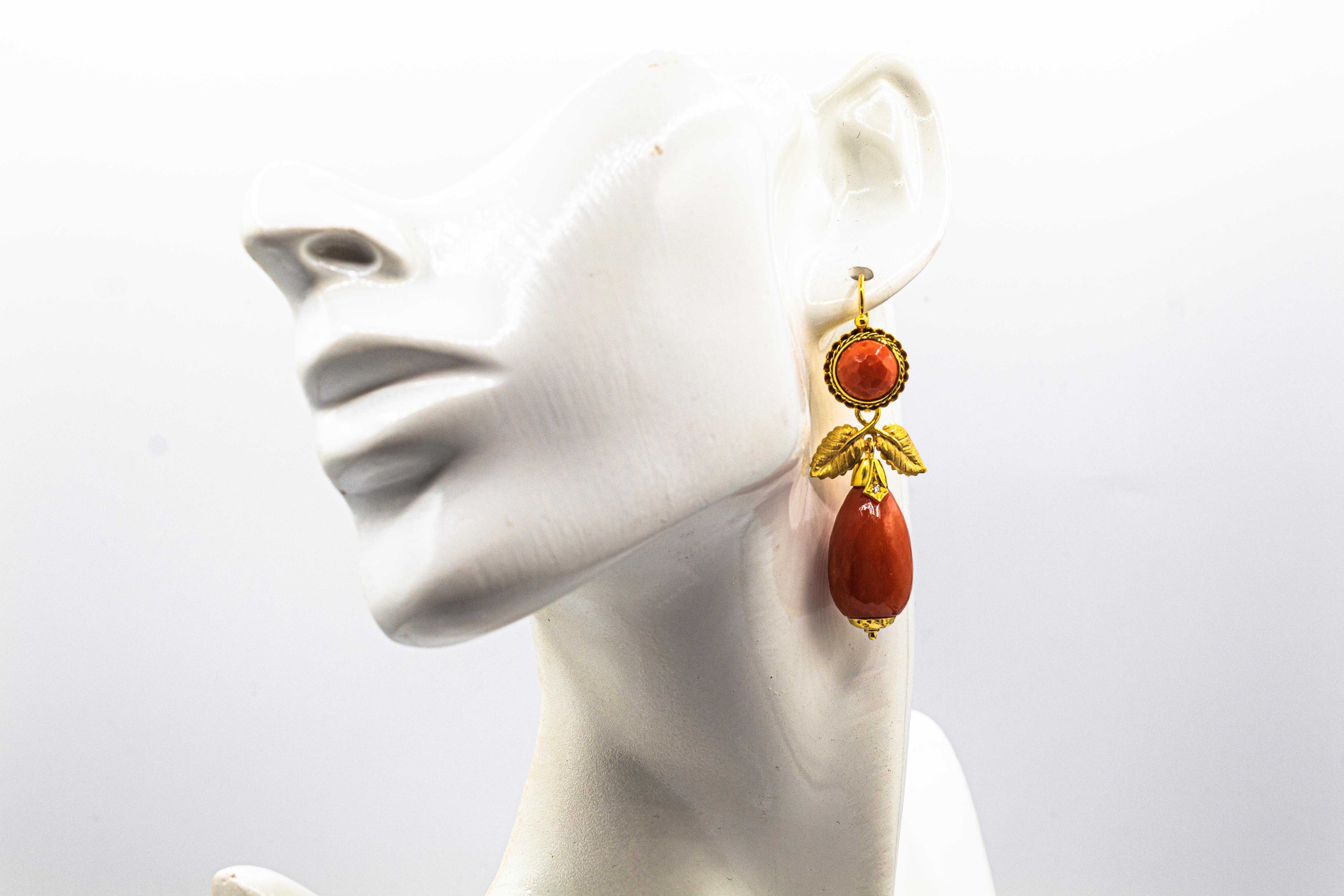 Art Nouveau Mediterranean Red Coral White Diamond Yellow Gold Drop Earrings 4