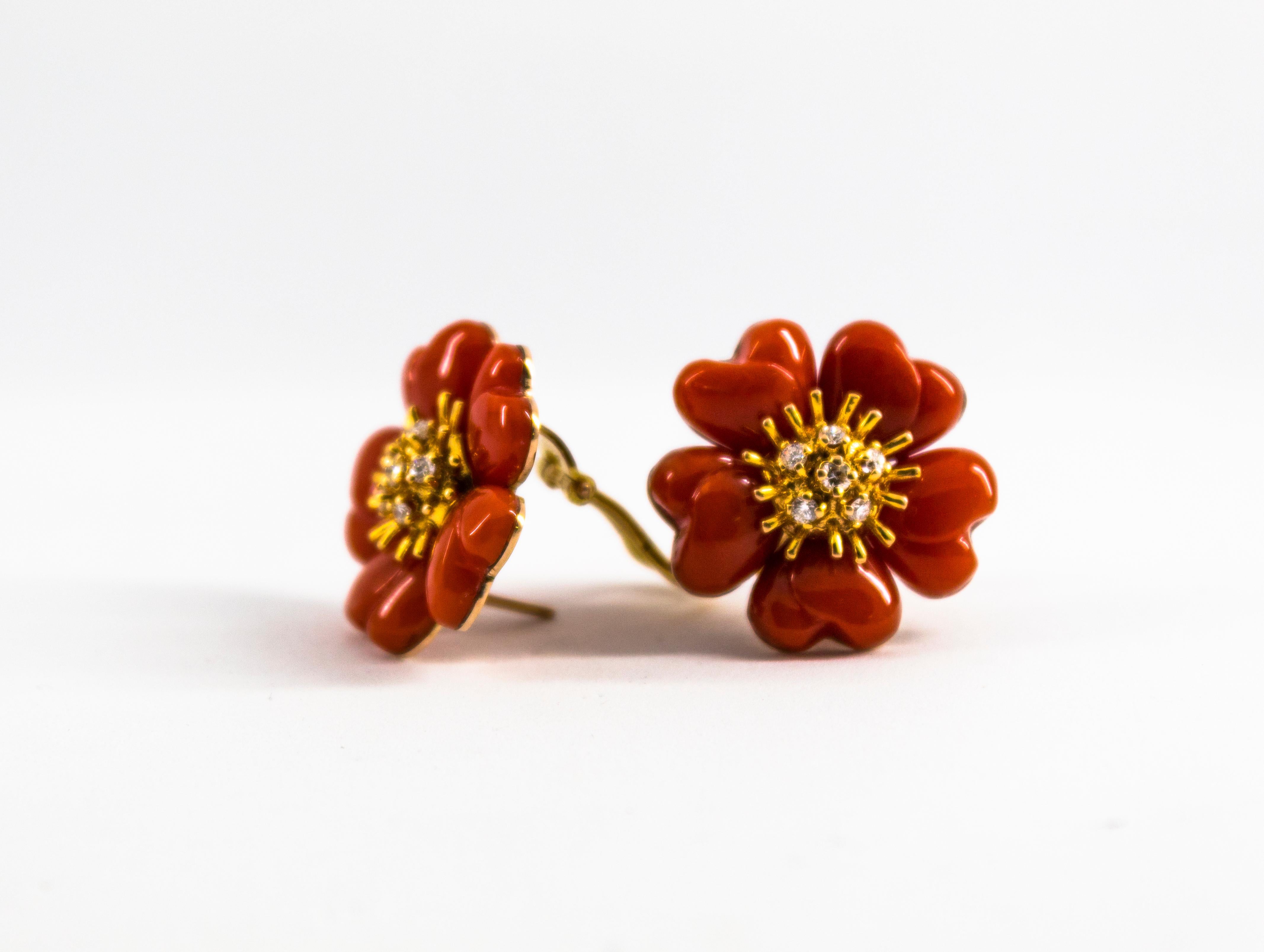 Art Nouveau Mediterranean Red Coral White Diamond Yellow Gold 
