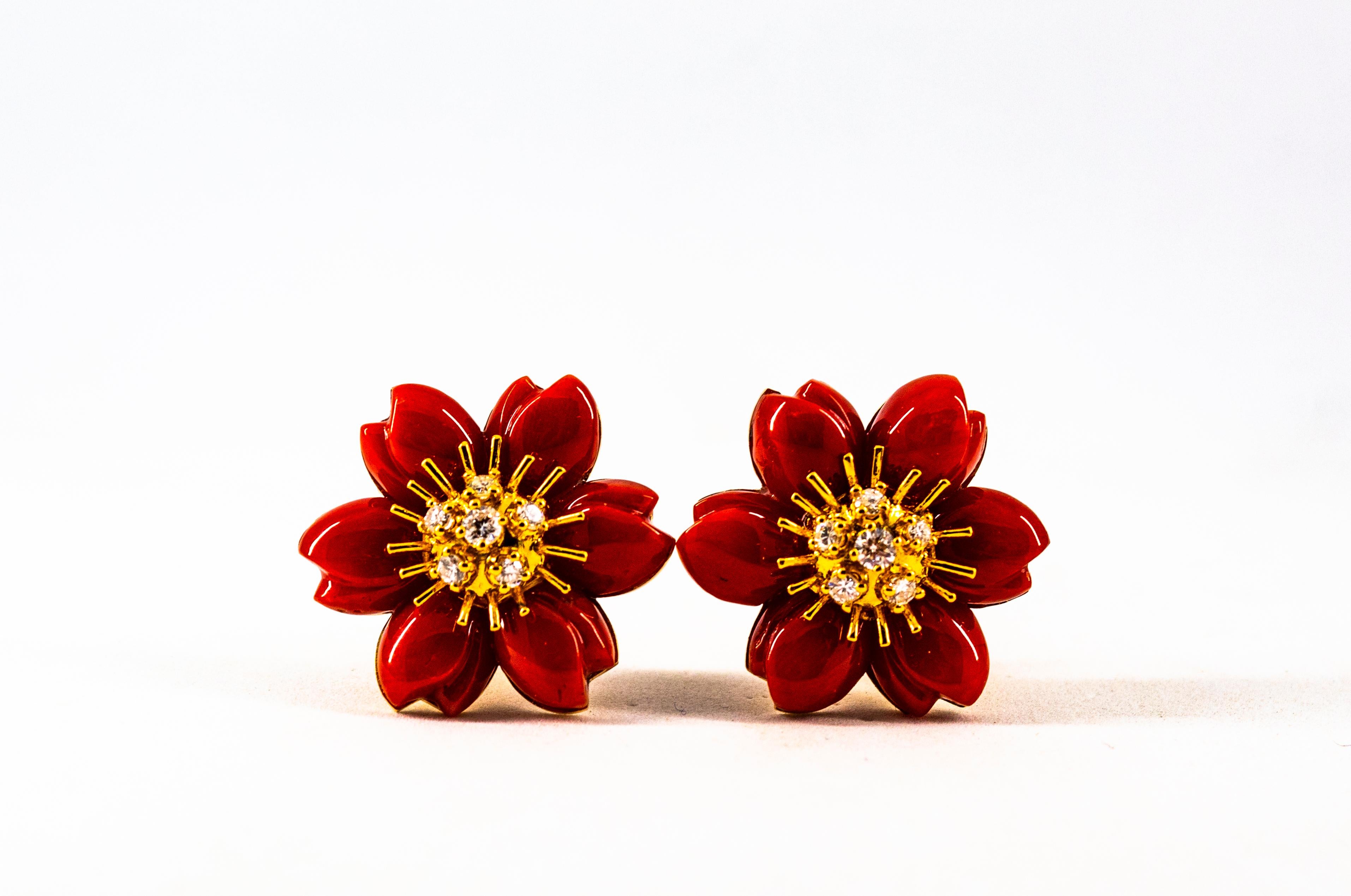 Mediterranean Red Coral White Diamond Yellow Gold 