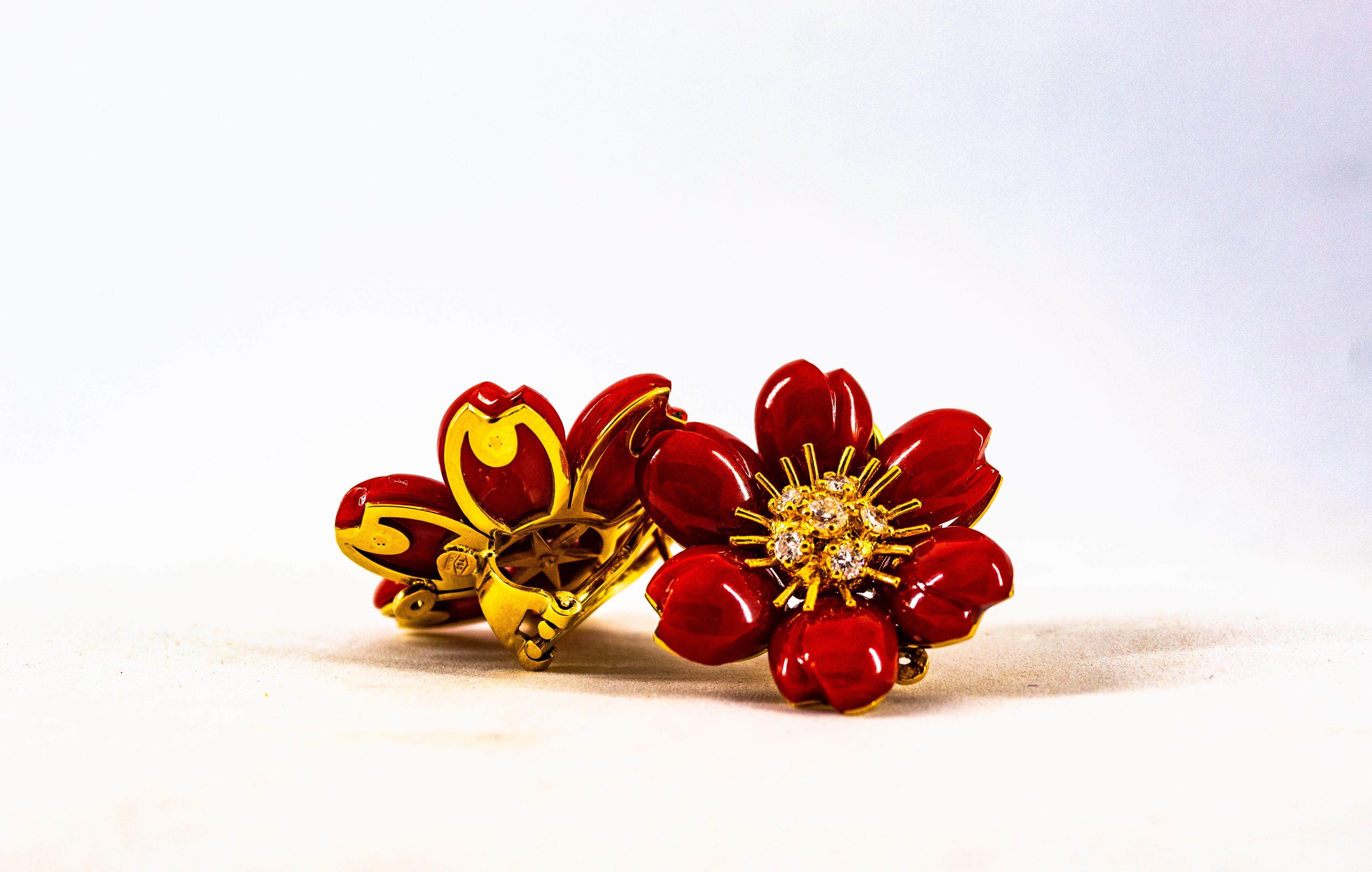 Jugendstil Ohrringe „Flowers“ aus Gelbgold mit mediterraner roter Koralle und weißen Diamanten im Angebot 8