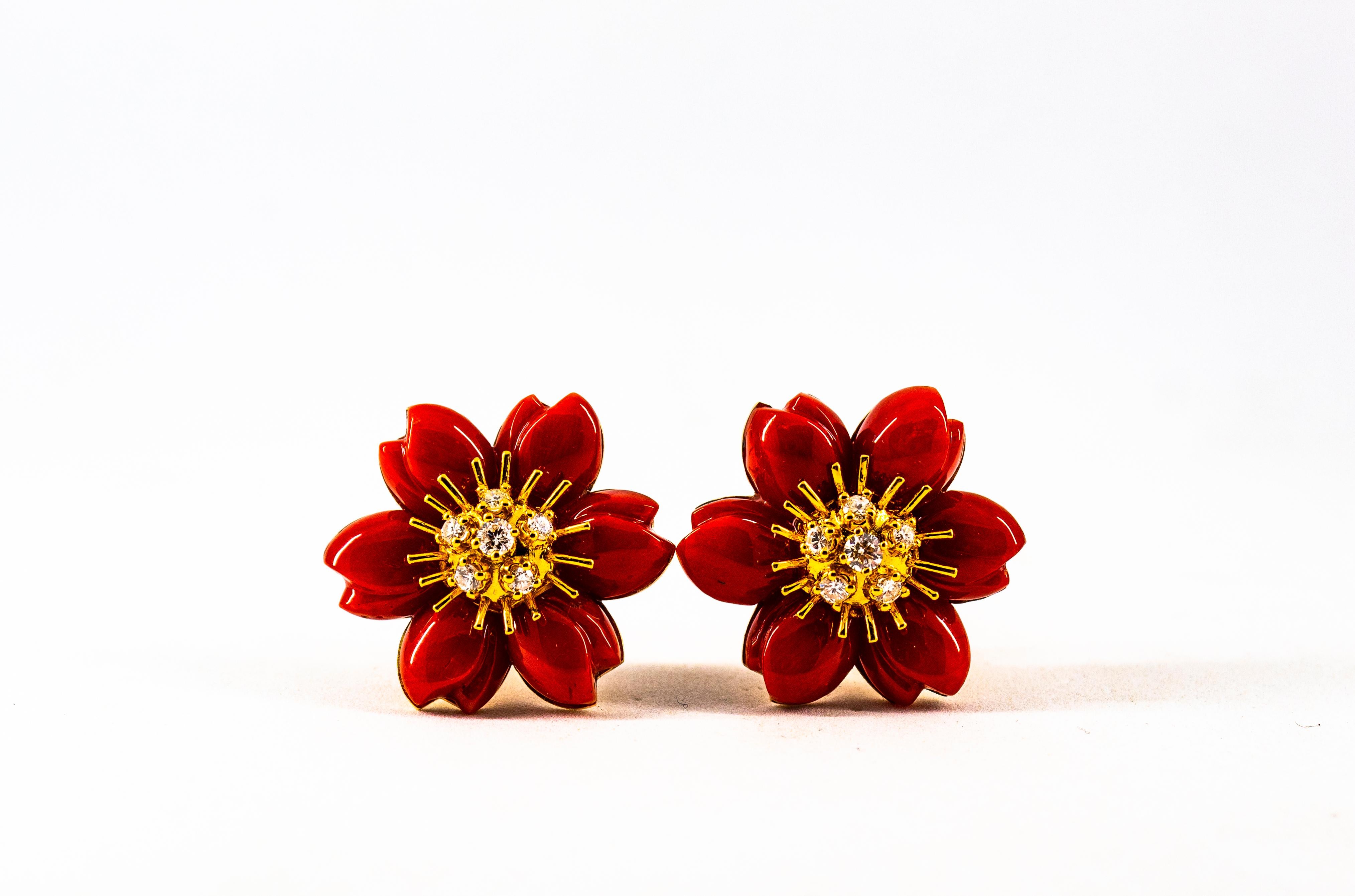 Mediterranean Red Coral White Diamond Yellow Gold 