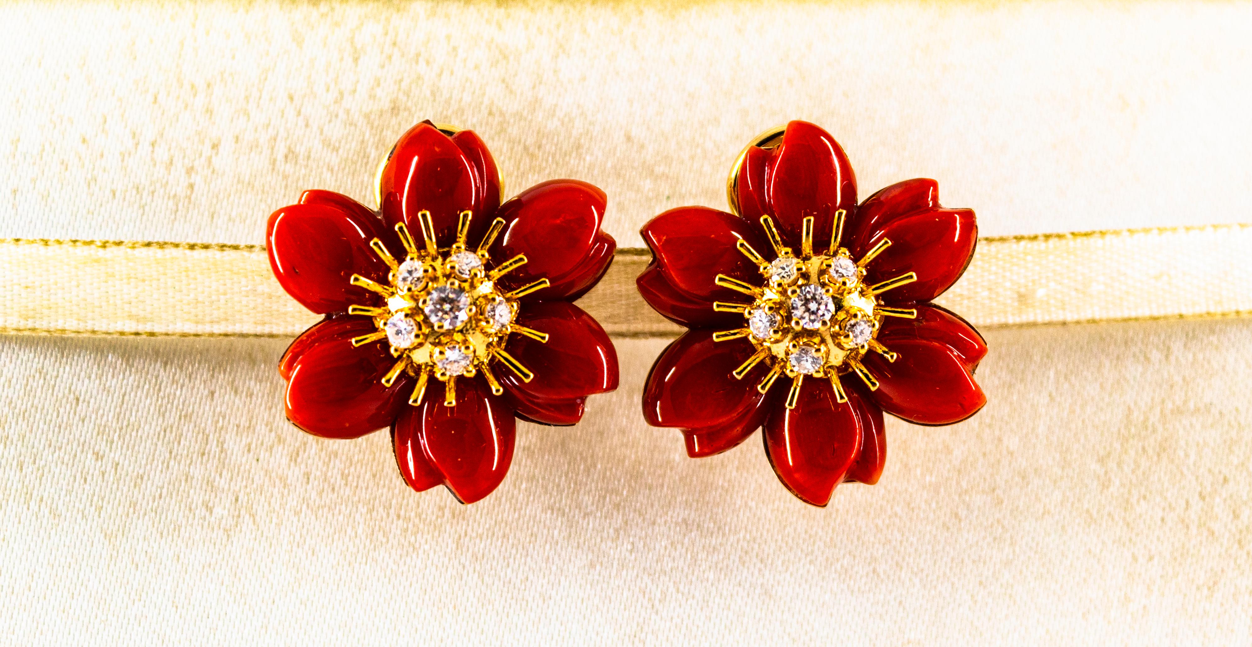 These Earrings are made of 14K Yellow Gold.
These Earrings have 0.60 Carats of White Brilliant Cut Diamonds.
These Earrings have Hand cut Mediterranean (Sardinia, Italy) Red Coral.

These Earrings are available also in White Coral, Pink Coral,