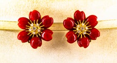 Art Nouveau Mediterranean Red Coral White Diamond Yellow Gold "Flowers" Earrings
