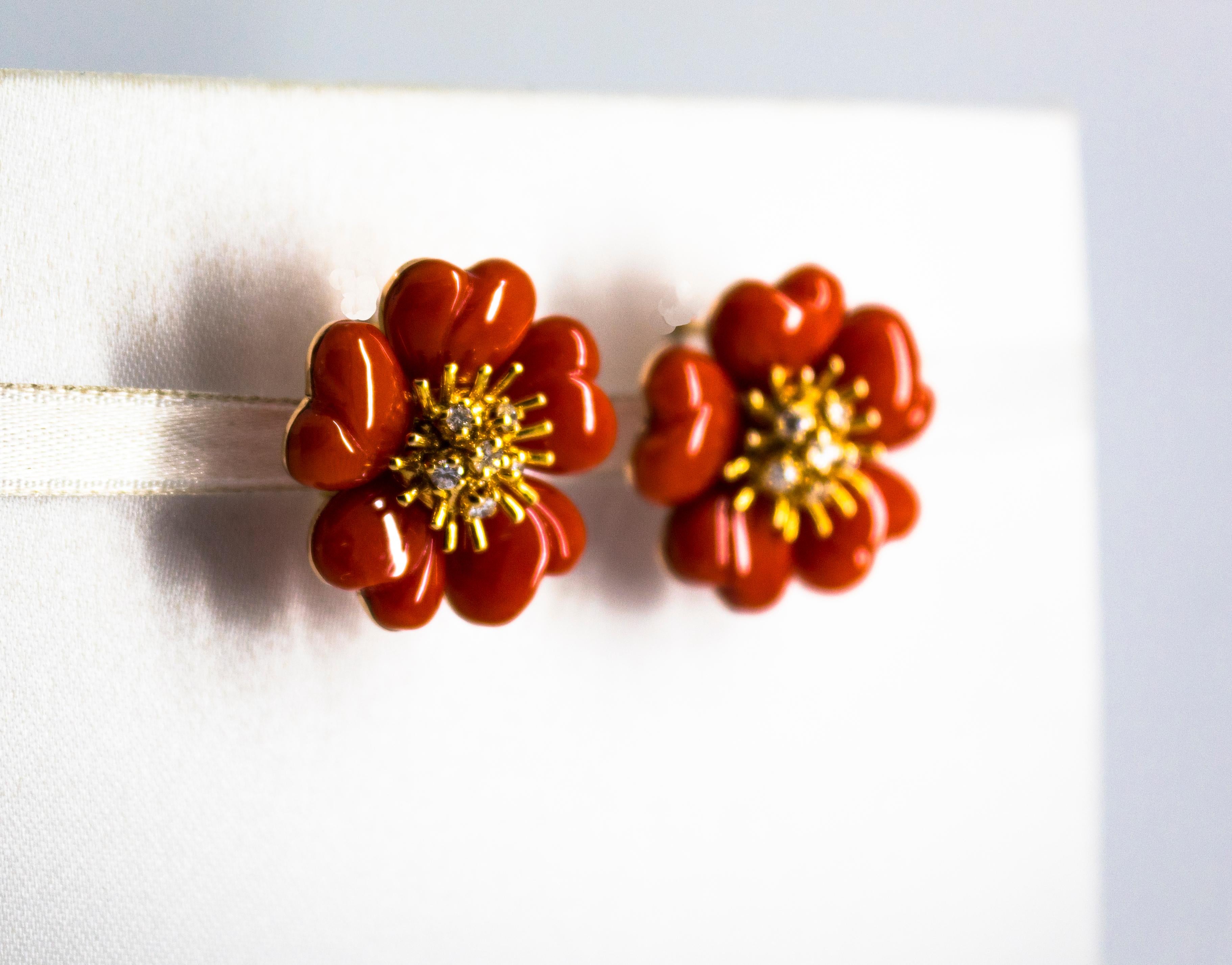 Brilliant Cut Art Nouveau Mediterranean Red Coral White Diamond Yellow Gold 