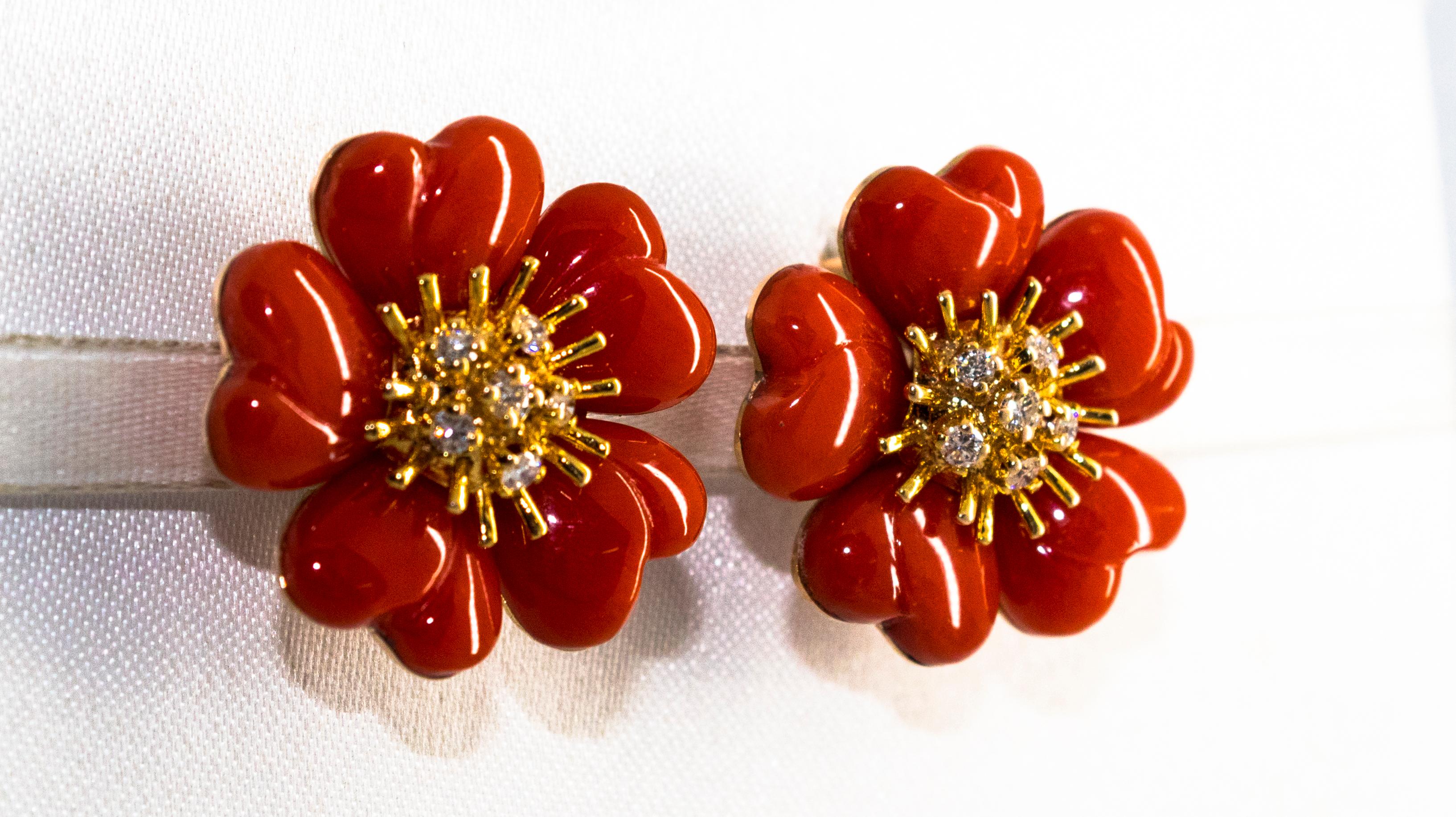 Art Nouveau Mediterranean Red Coral White Diamond Yellow Gold 