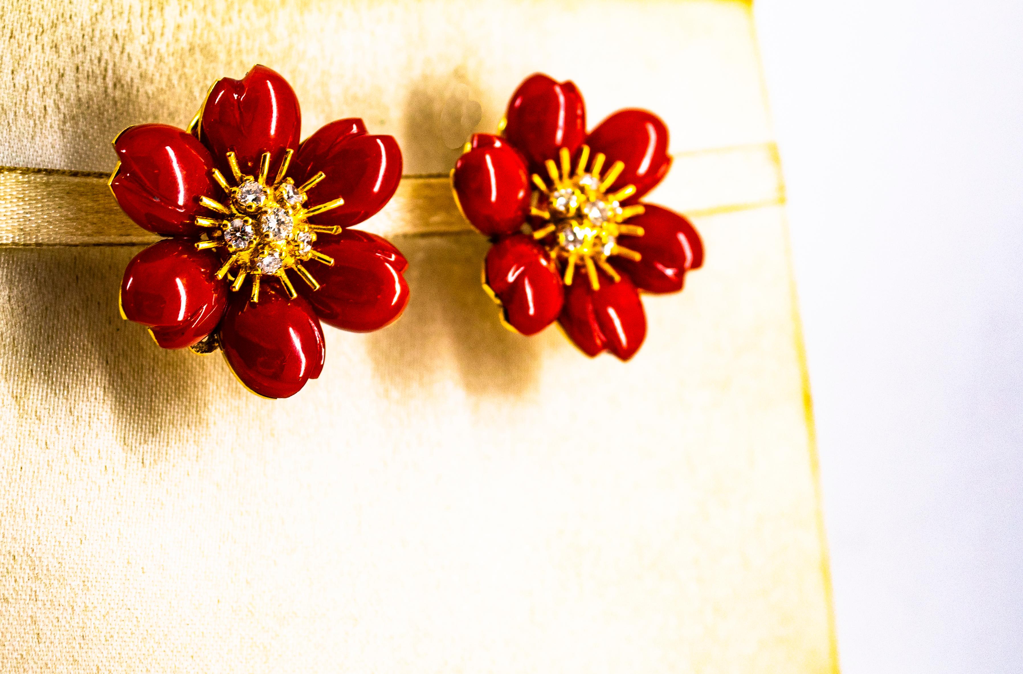 Brilliant Cut Art Nouveau Mediterranean Red Coral White Diamond Yellow Gold 