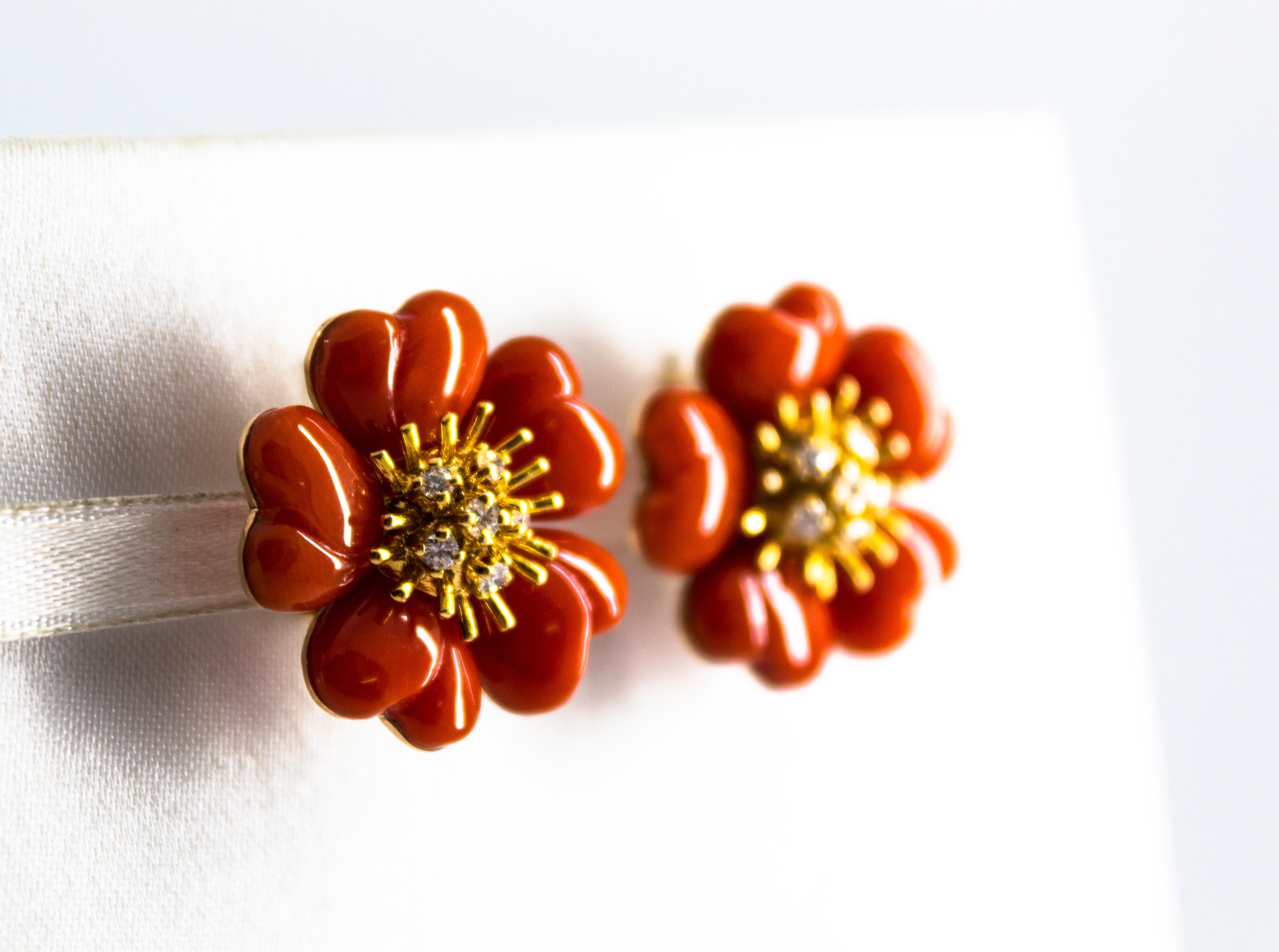 Women's or Men's Art Nouveau Mediterranean Red Coral White Diamond Yellow Gold 