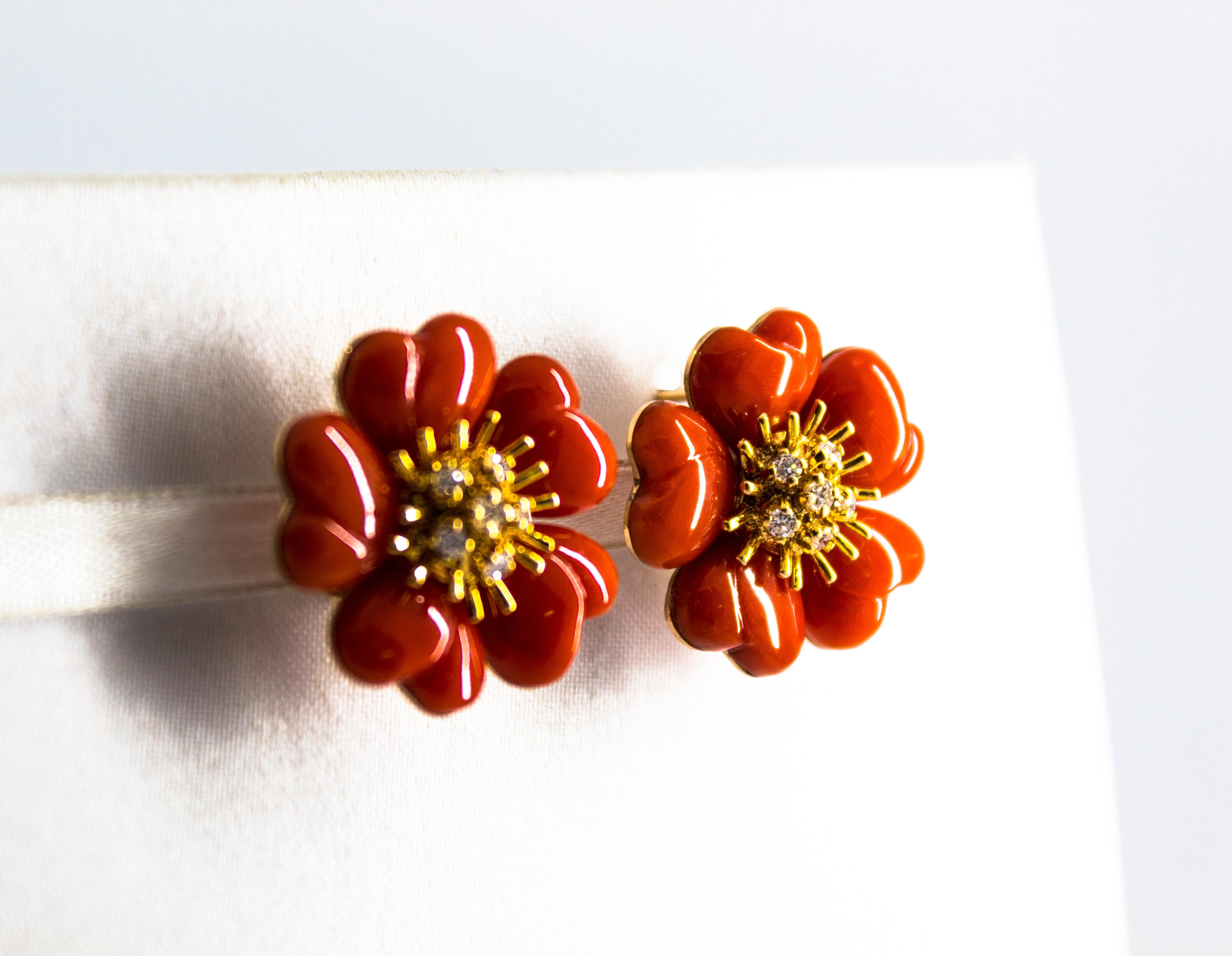 Art Nouveau Mediterranean Red Coral White Diamond Yellow Gold 