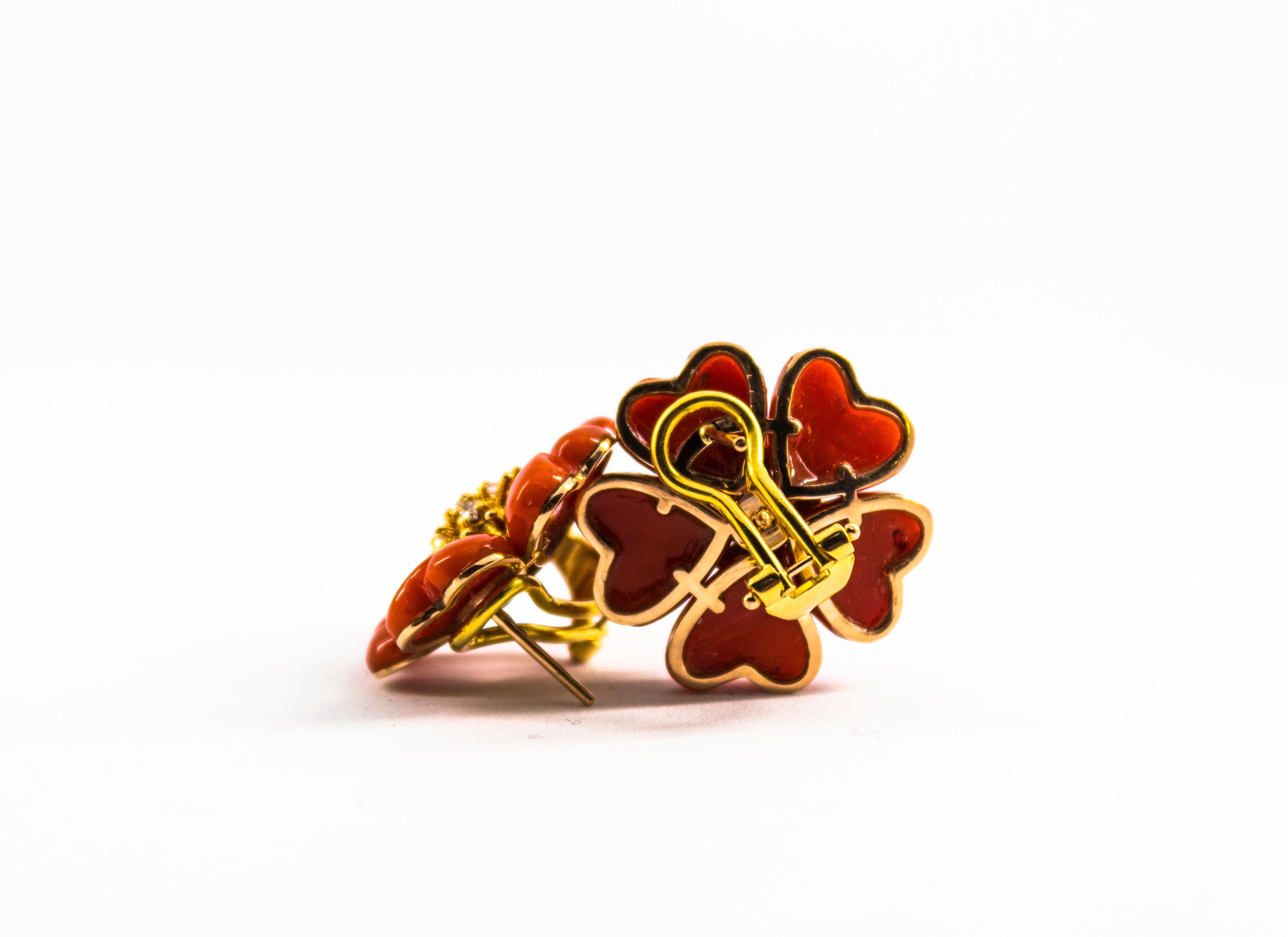 Art Nouveau Mediterranean Red Coral White Diamond Yellow Gold 