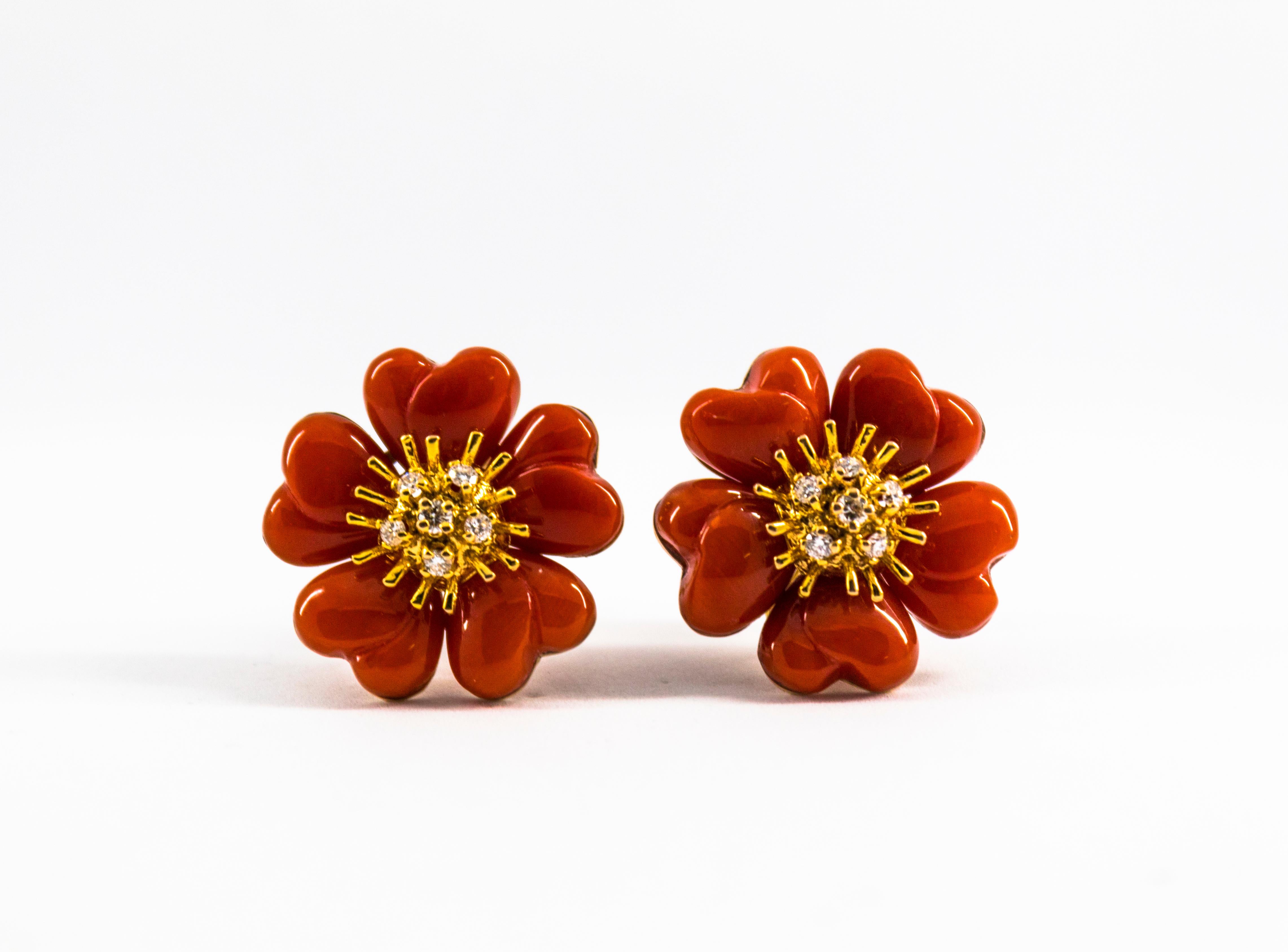 Art Nouveau Mediterranean Red Coral White Diamond Yellow Gold 