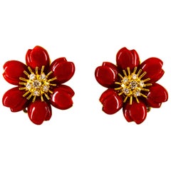 Art Nouveau Mediterranean Red Coral White Diamond Yellow Gold "Flowers" Earrings