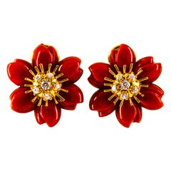 Mediterranean Red Coral White Diamond Yellow Gold "Flowers" Earrings