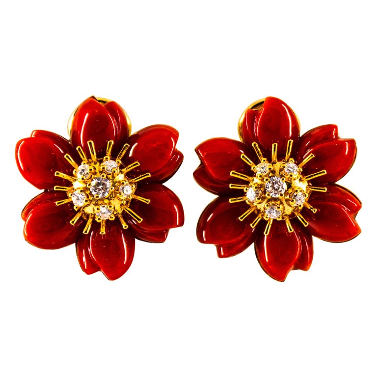 Mediterranean Red Coral White Diamond Yellow Gold "Flowers" Earrings For Sale