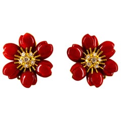 Art Nouveau Mediterráneo Coral Rojo Diamante Blanco Pendientes "Flores" de Oro Amarillo