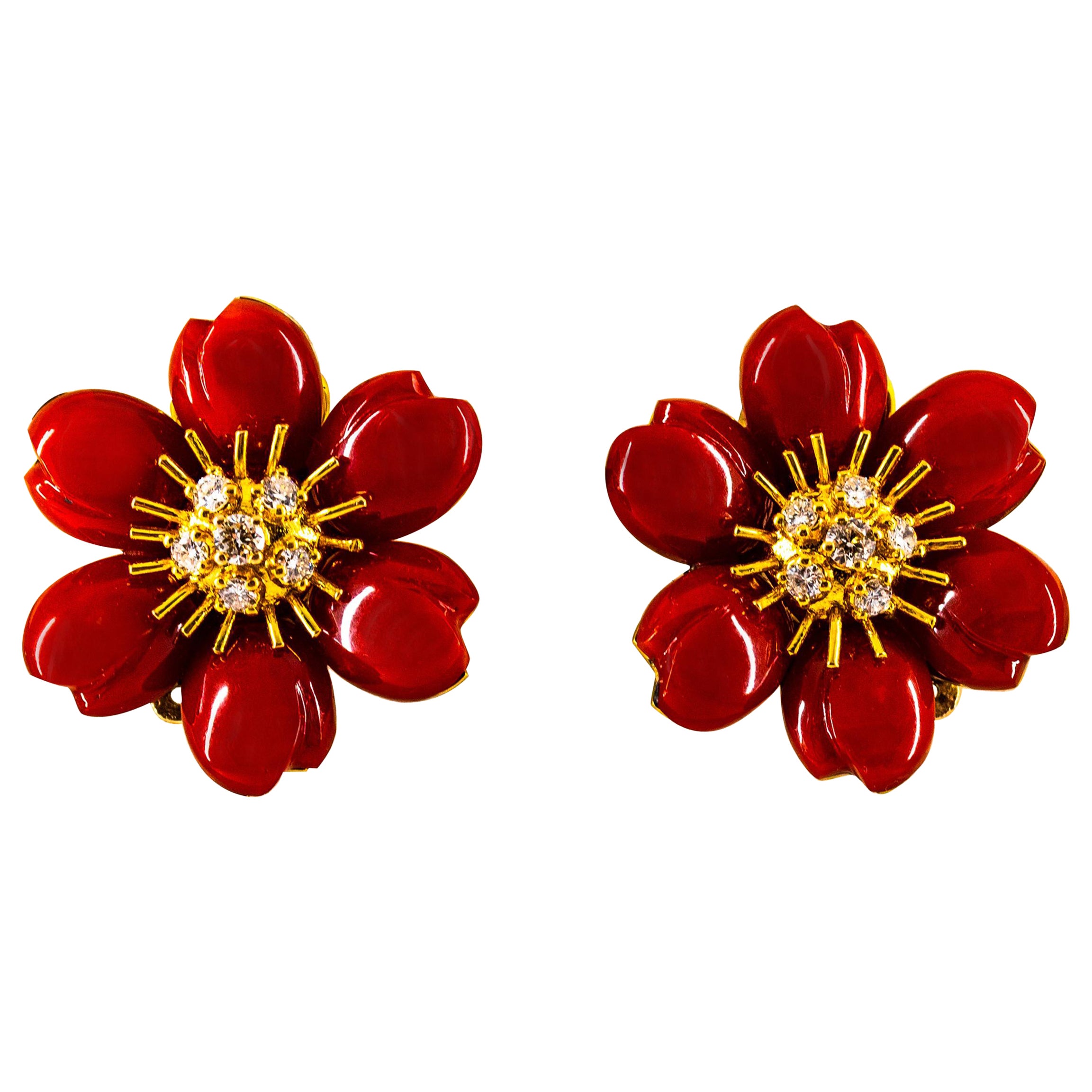 Art Nouveau Mediterráneo Coral Rojo Diamante Blanco Pendientes "Flores" de Oro Amarillo