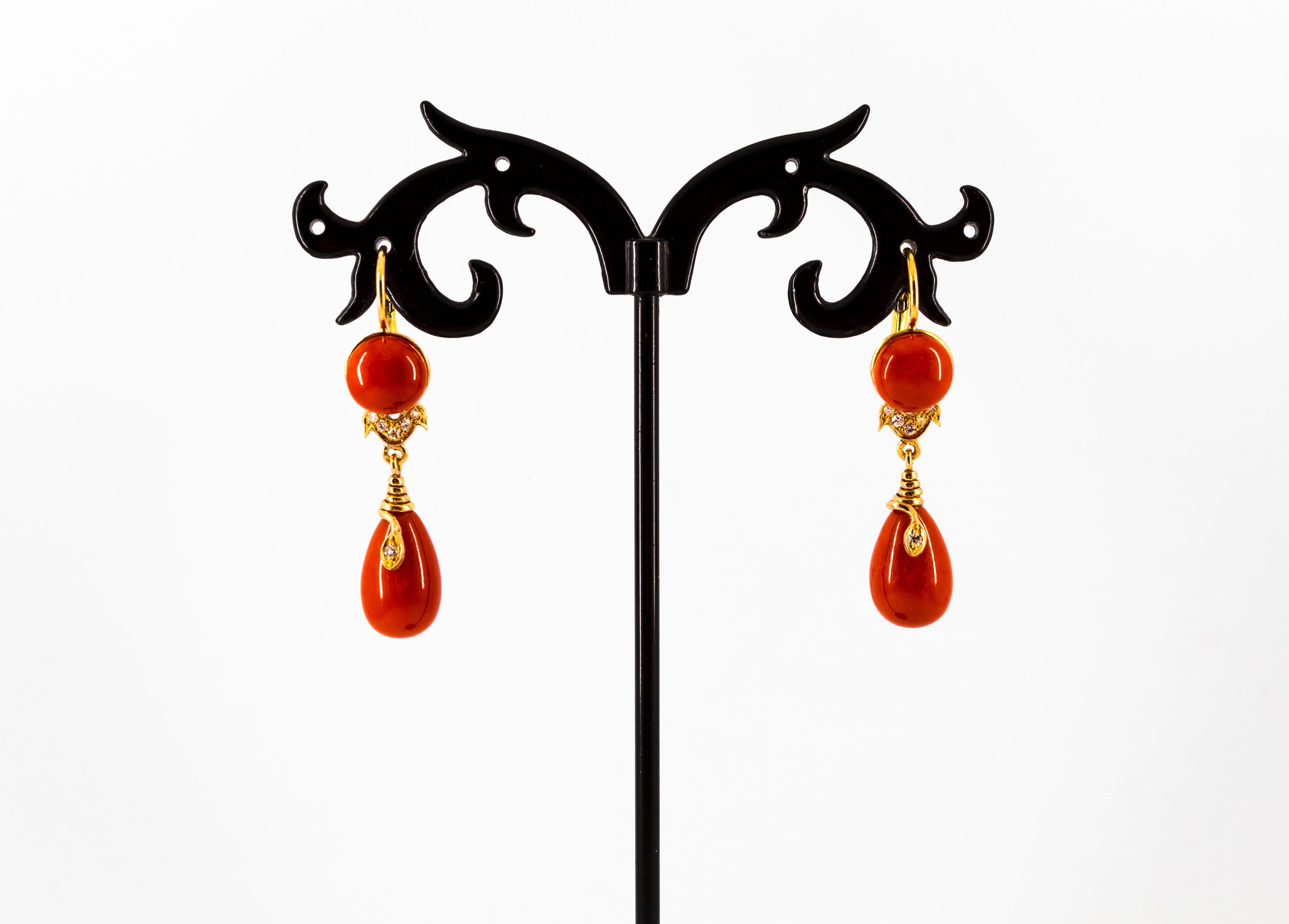 Art Nouveau Mediterráneo Coral Rojo Diamante Blanco Pendientes 