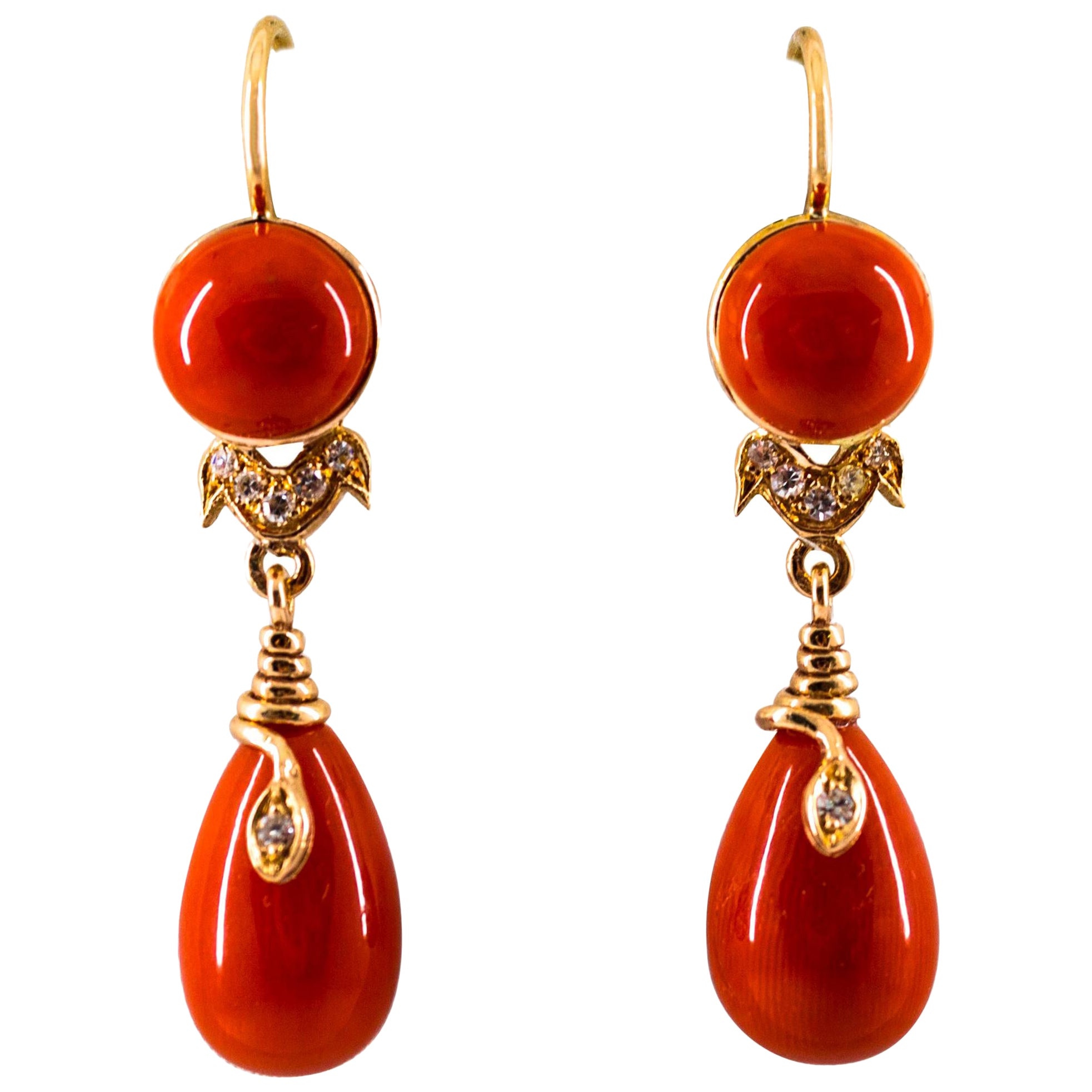 Art Nouveau Mediterráneo Coral Rojo Diamante Blanco Pendientes "Serpiente" de Oro Amarillo