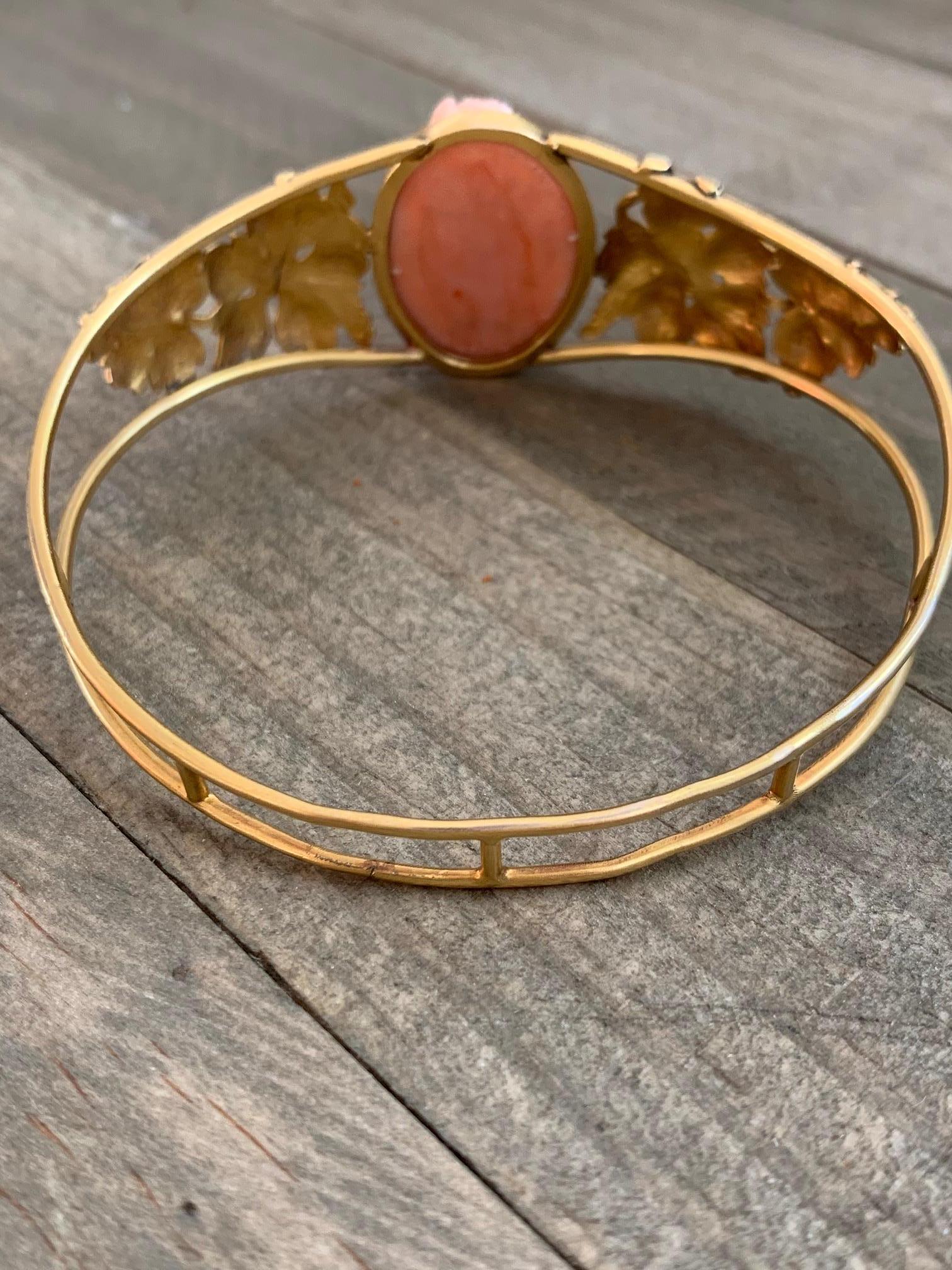 Art Nouveau Mediterranean Salmon Coral Cameo 14 Karat Gold Bangle In Excellent Condition For Sale In St. Louis Park, MN