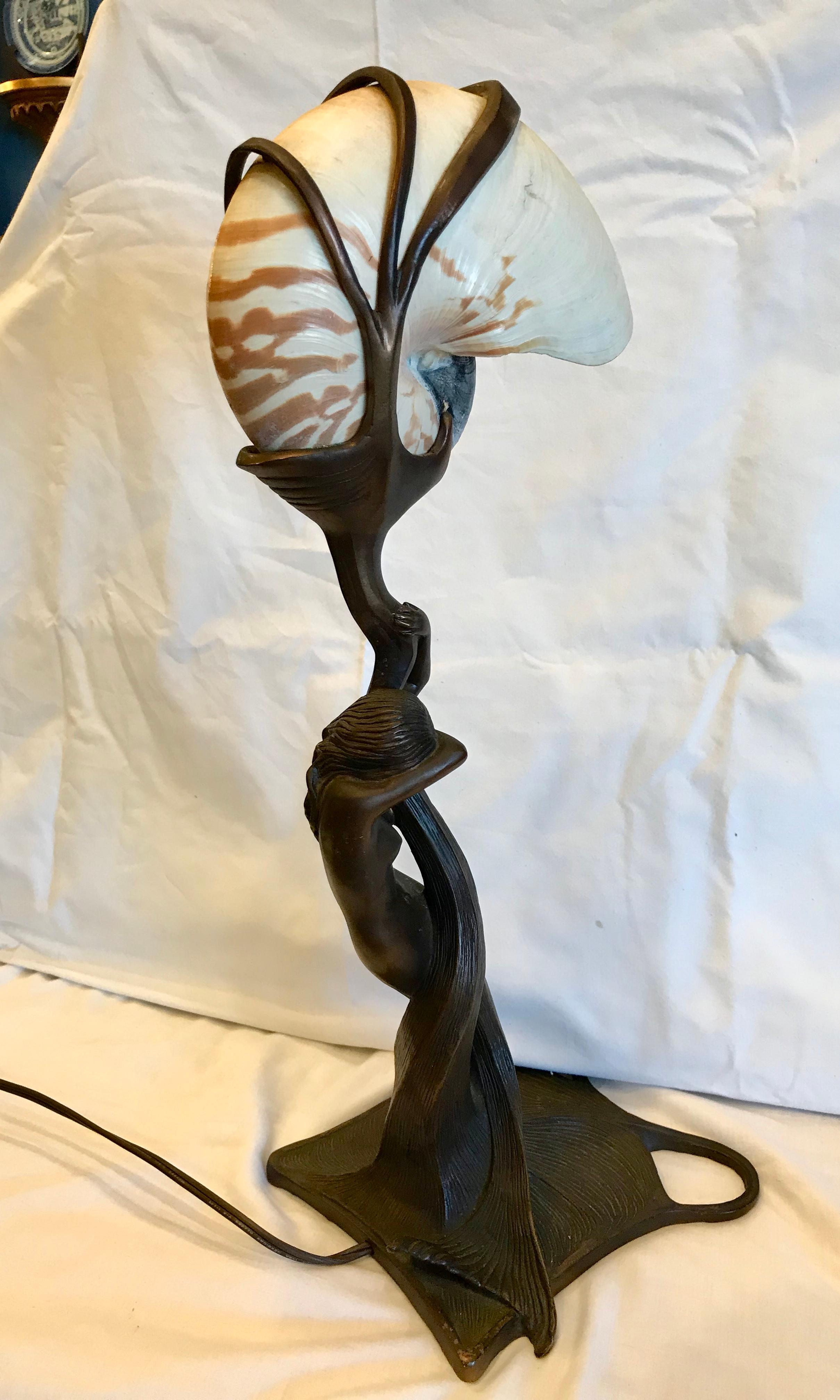 Art Nouveau Mermaid Lamp with Nautilus Shell Shade 2