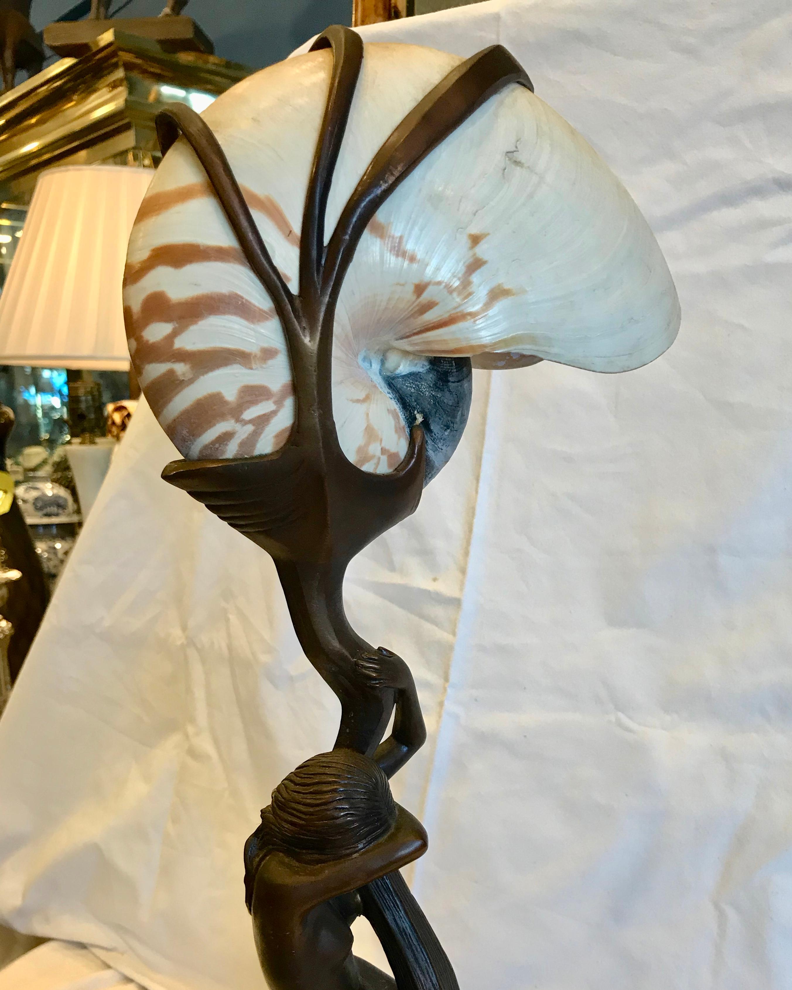 Art Nouveau Mermaid Lamp with Nautilus Shell Shade 3