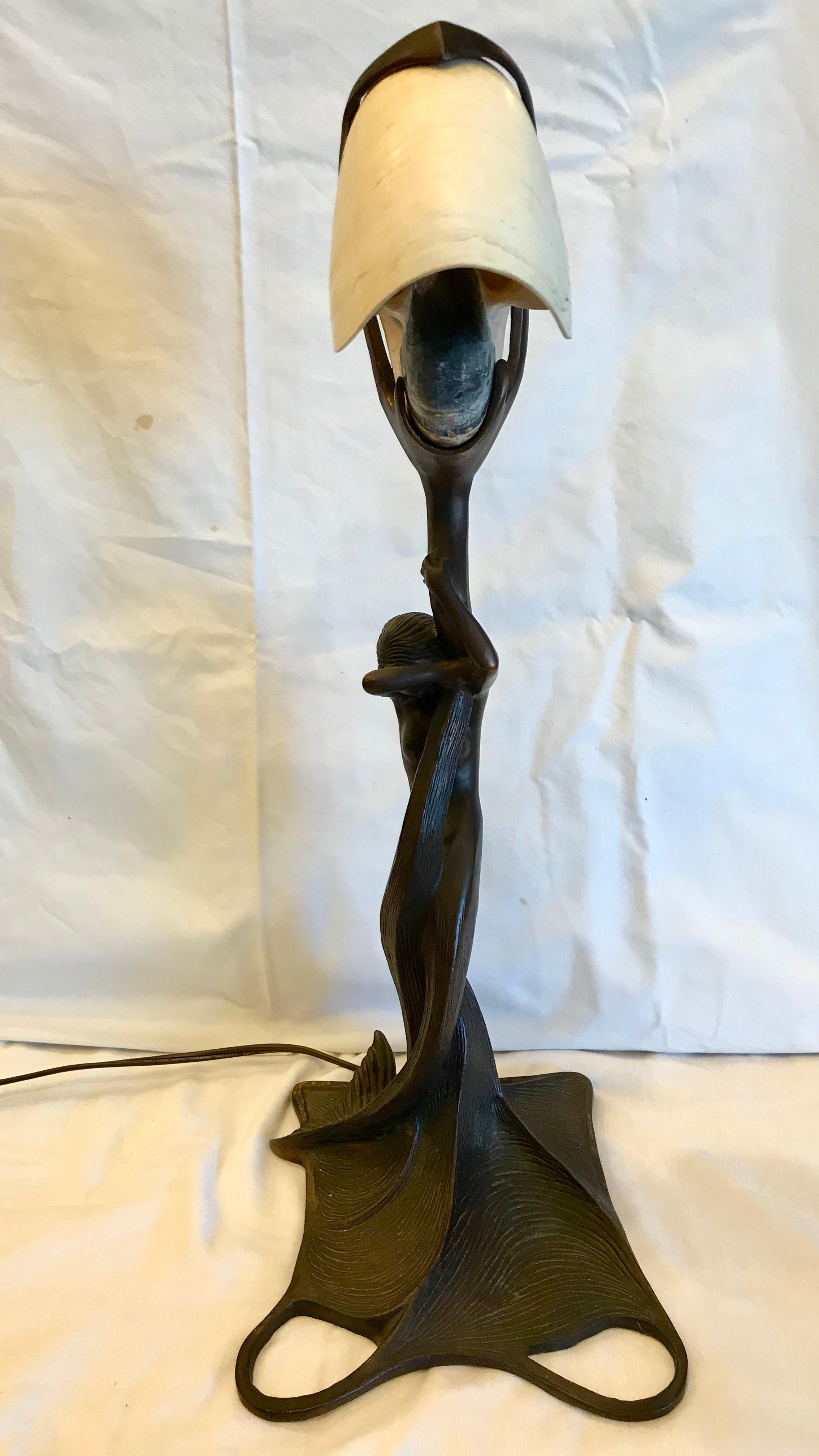 Art Nouveau Mermaid Lamp with Nautilus Shell Shade 4