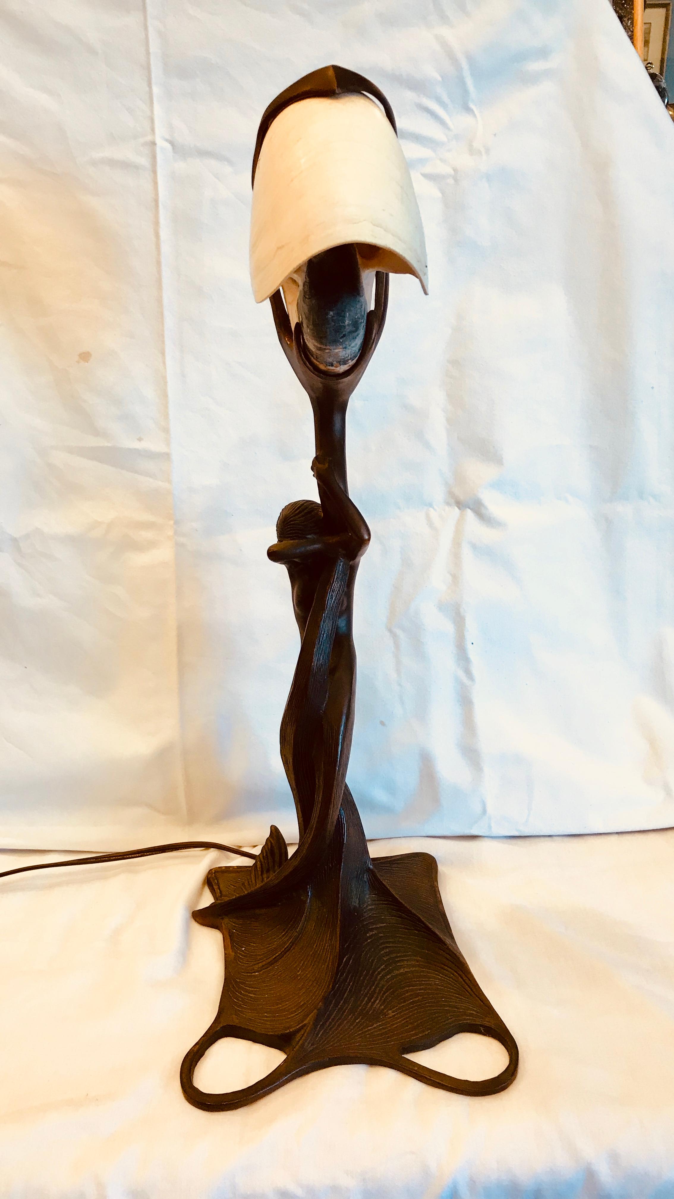 Art Nouveau Mermaid Lamp with Nautilus Shell Shade 6