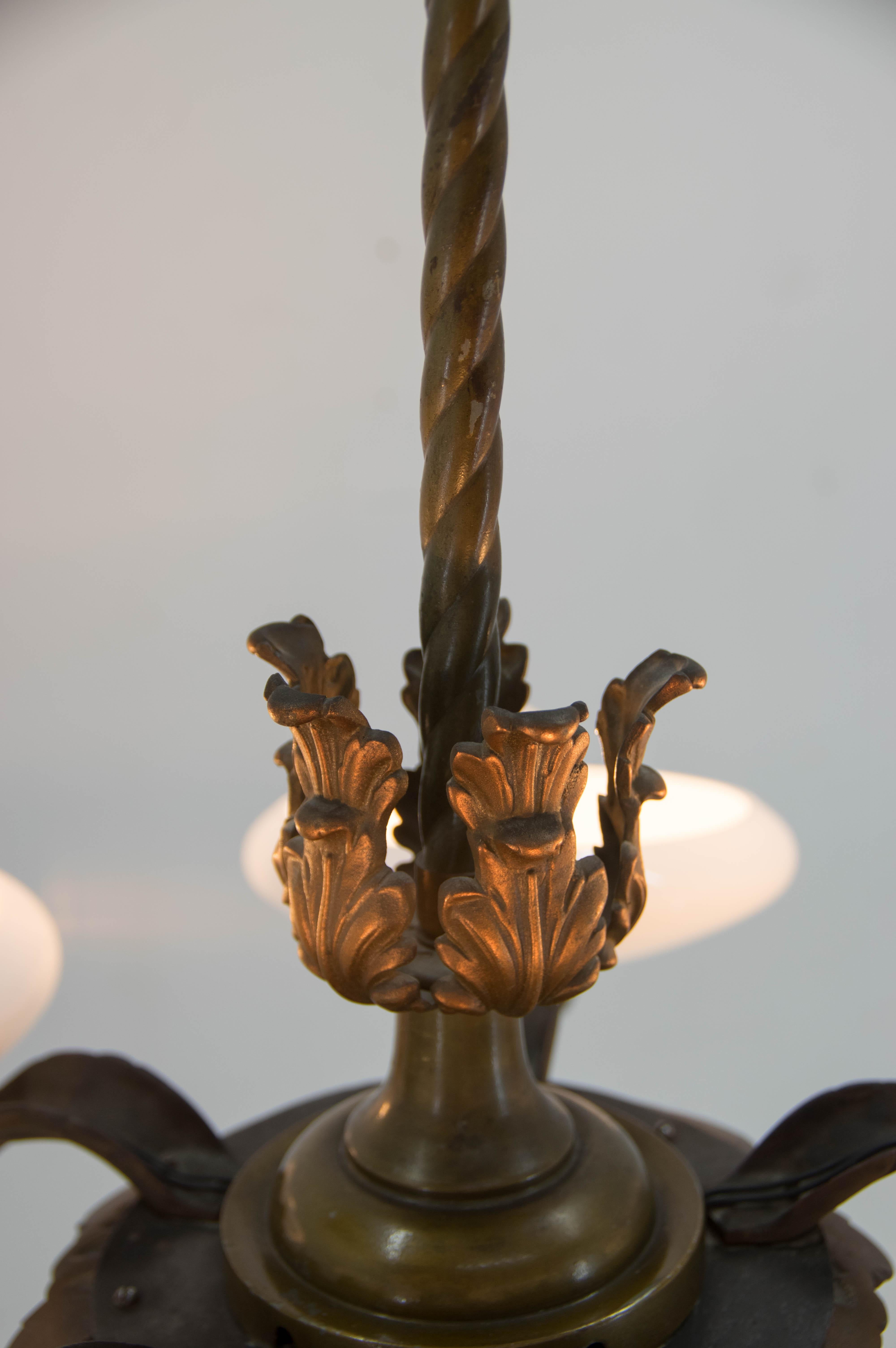 Art Nouveau Metal and Glass Chandelier, 1940s For Sale 5