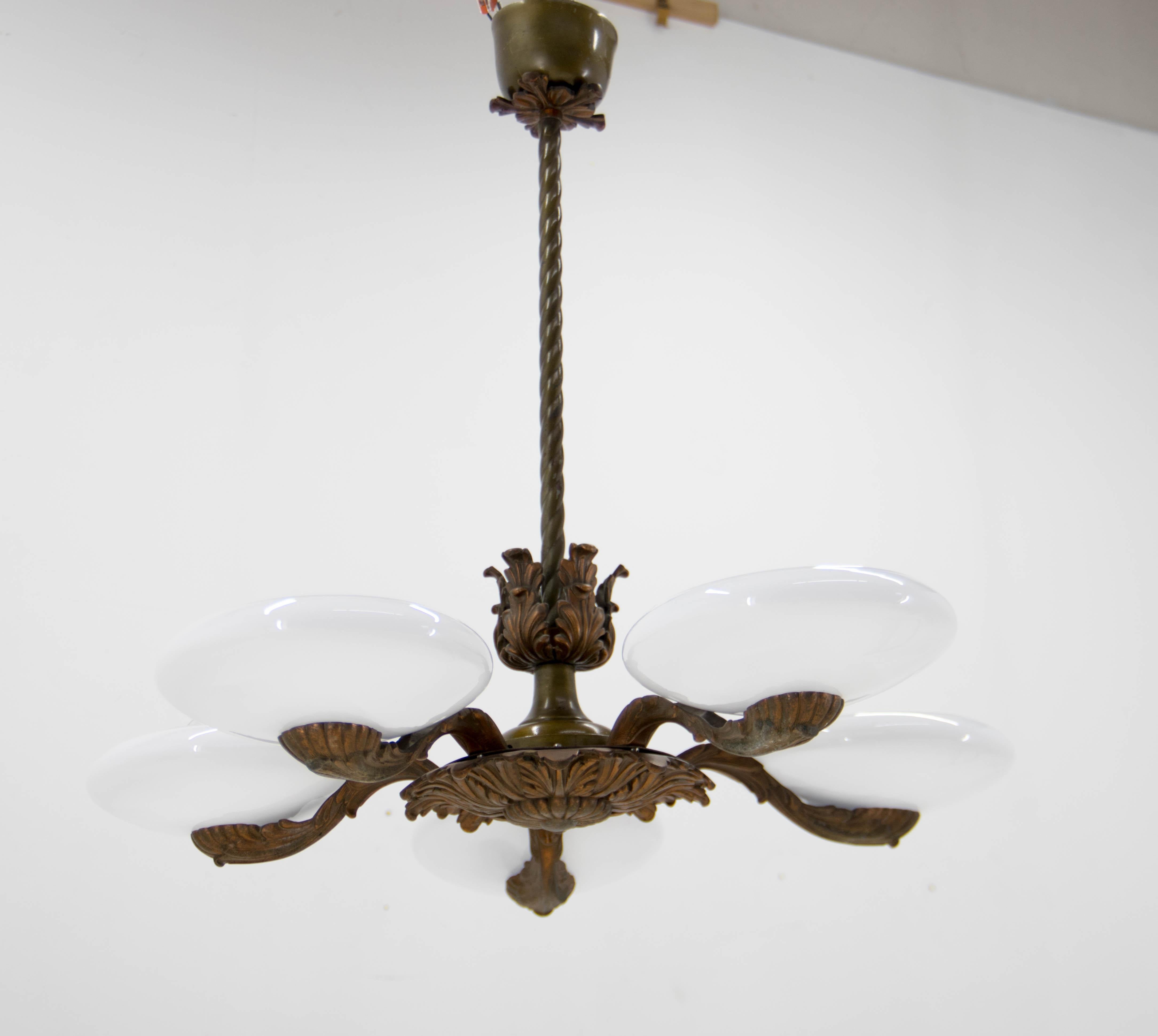 Art Nouveau Metal and Glass Chandelier, 1940s For Sale 6