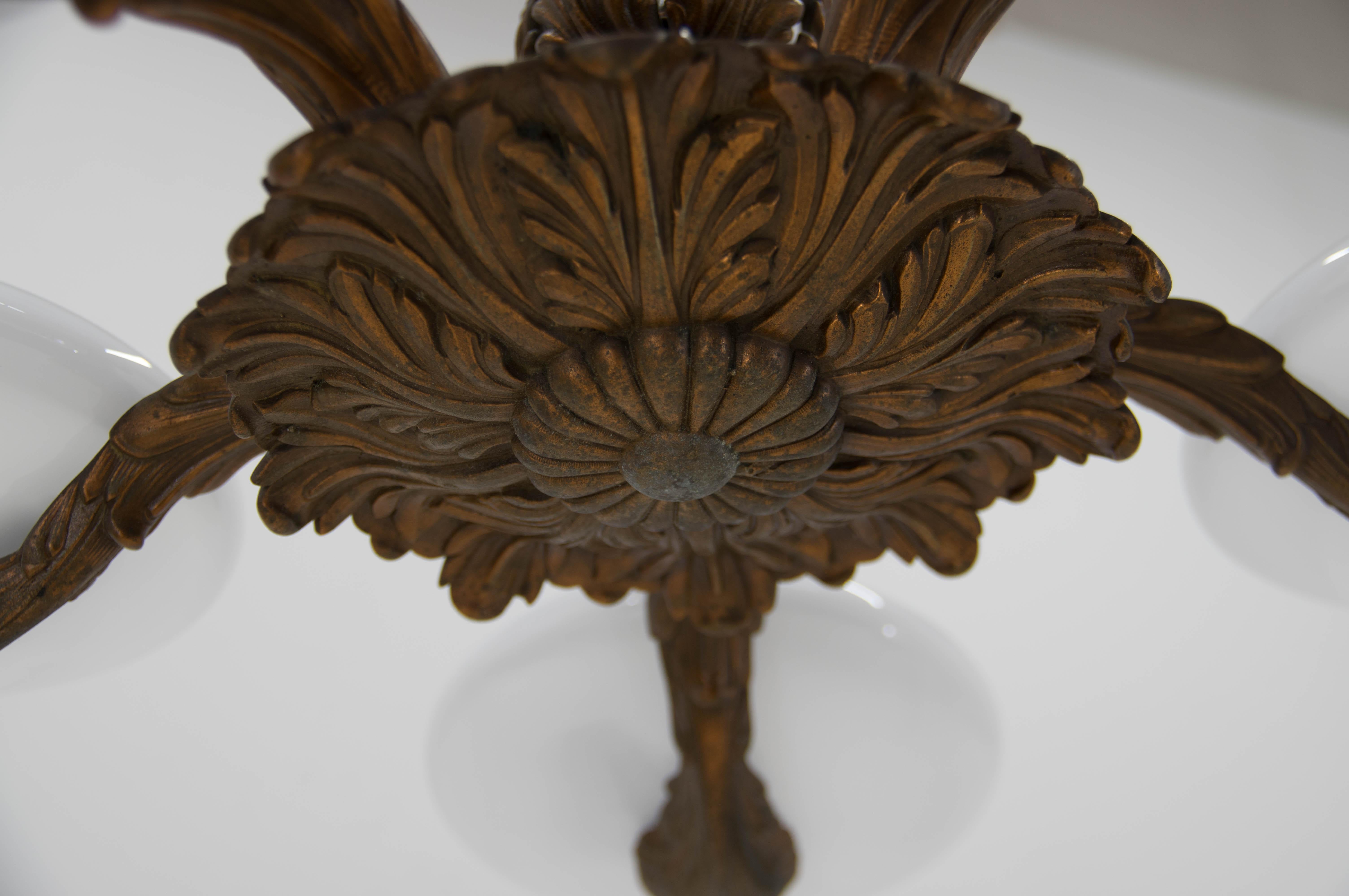 Art Nouveau Metal and Glass Chandelier, 1940s For Sale 8