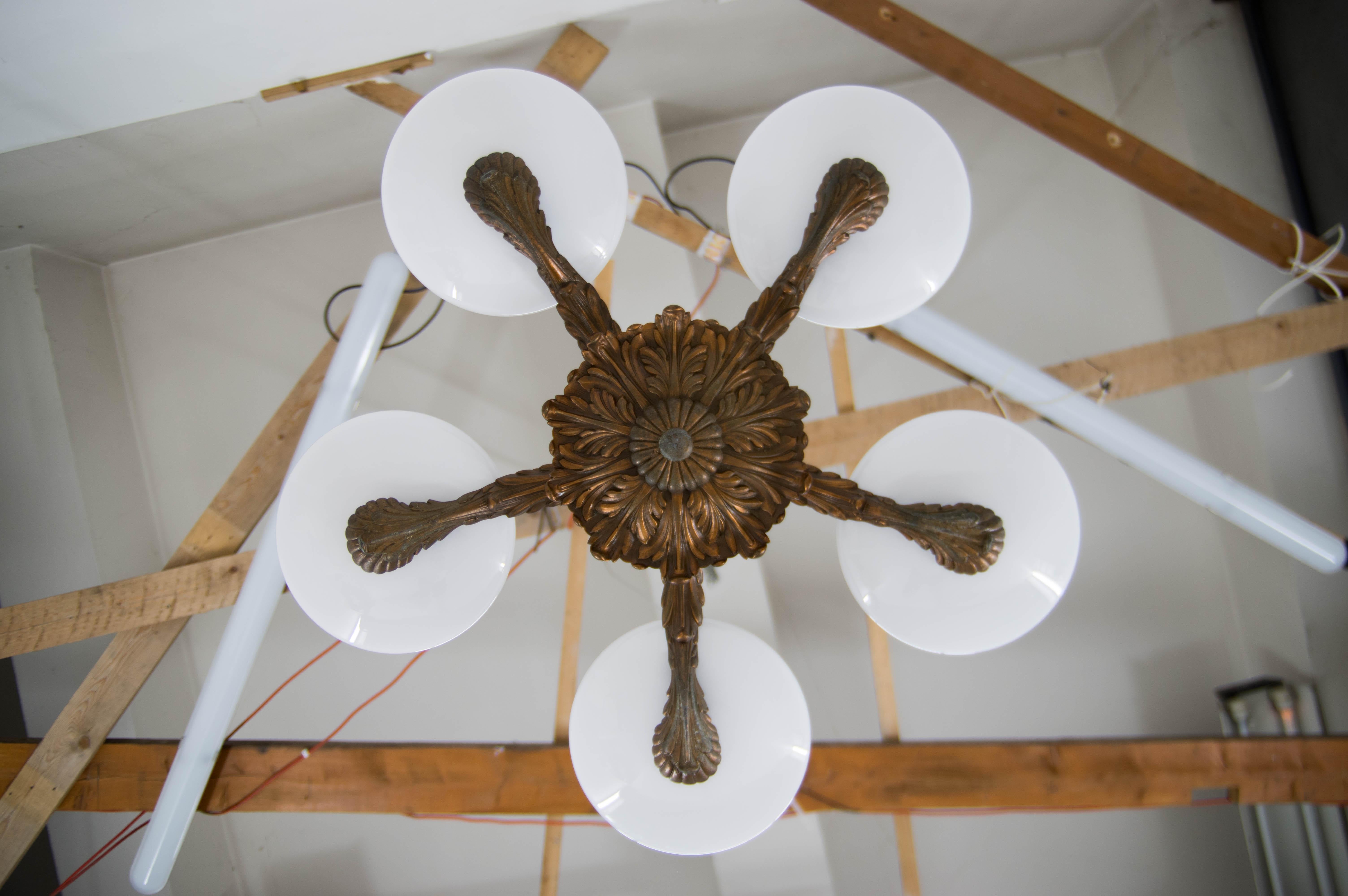 Art Nouveau Metal and Glass Chandelier, 1940s For Sale 9