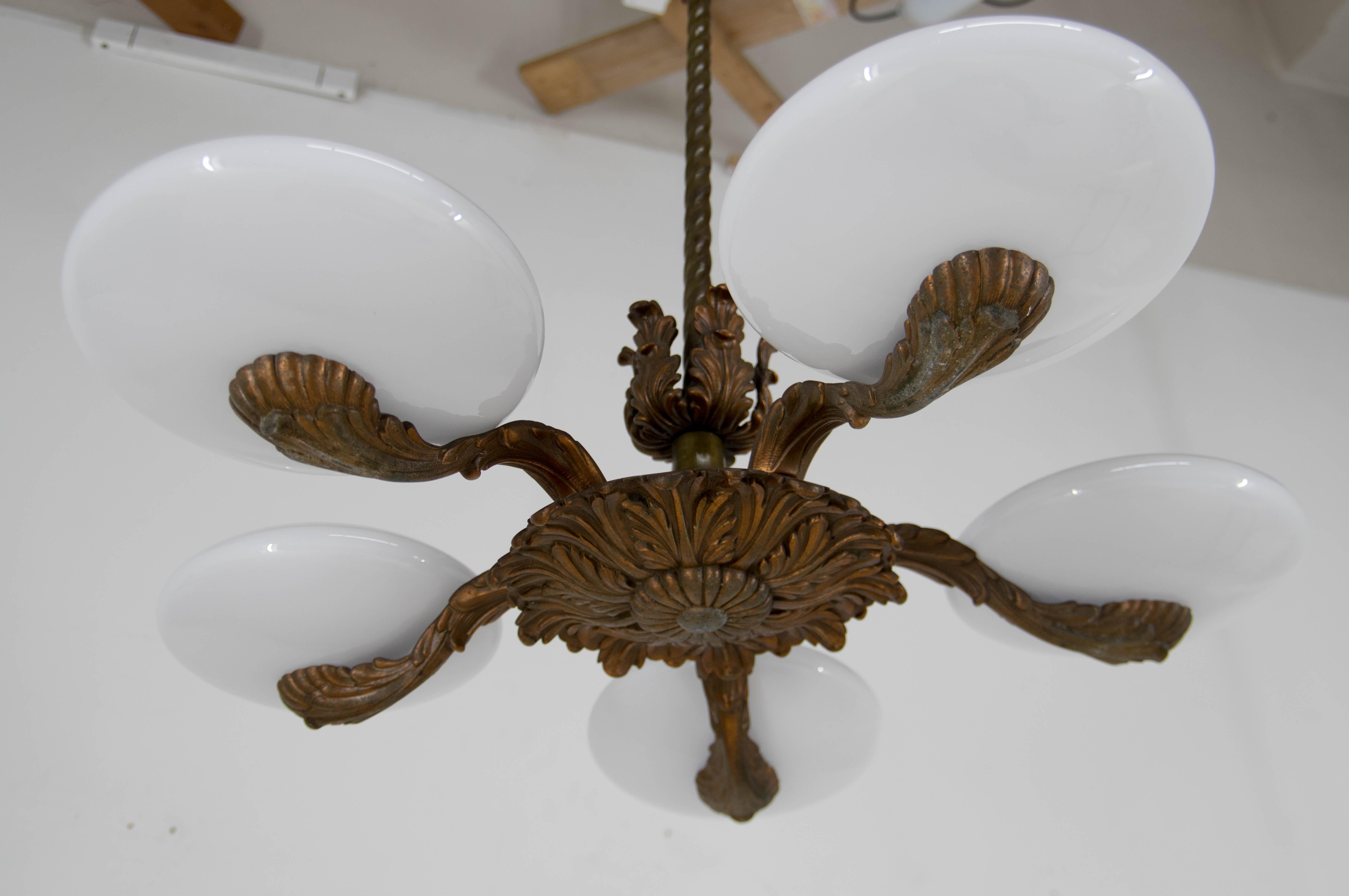 Art Nouveau Metal and Glass Chandelier, 1940s For Sale 11