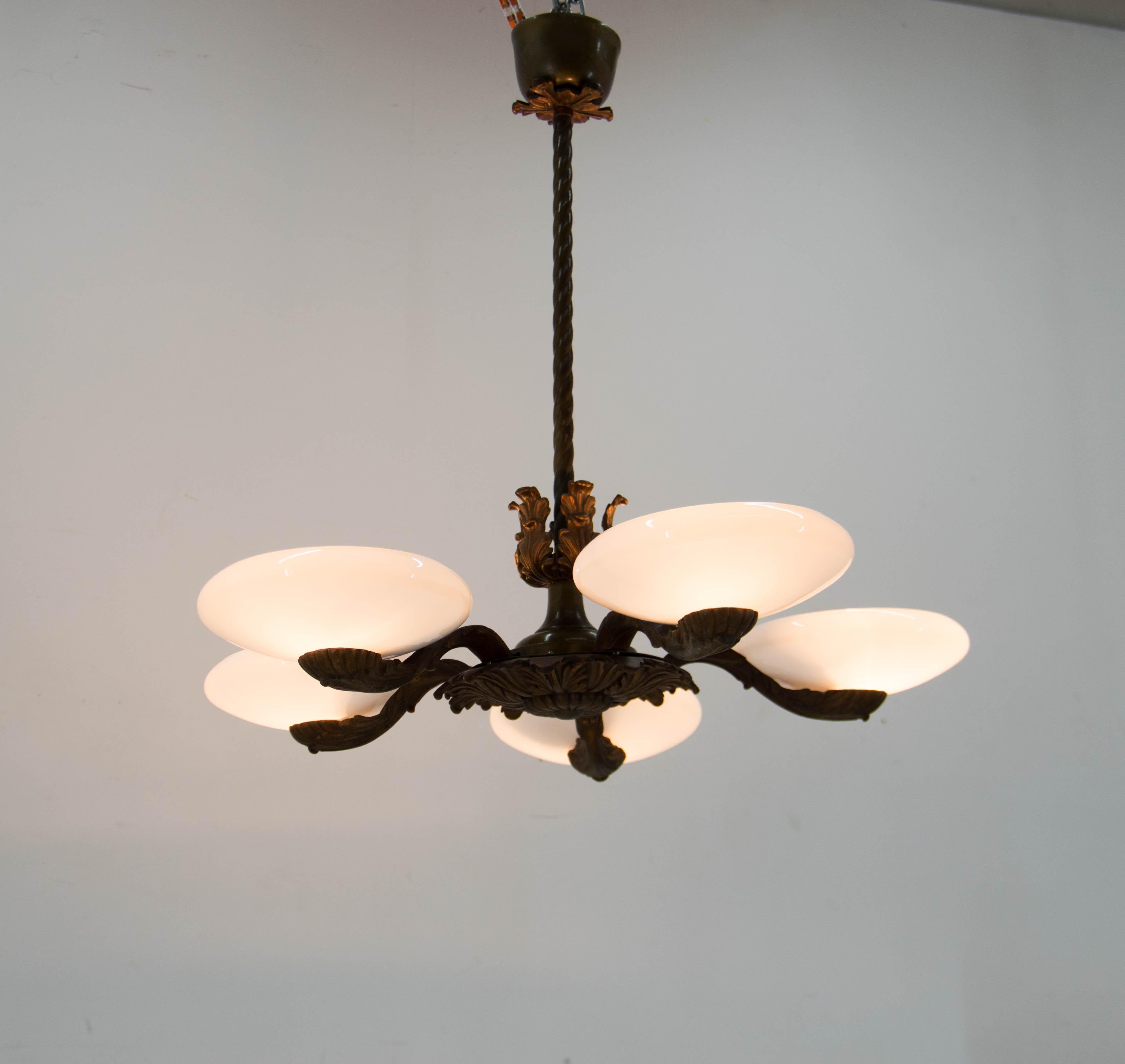 European Art Nouveau Metal and Glass Chandelier, 1940s For Sale