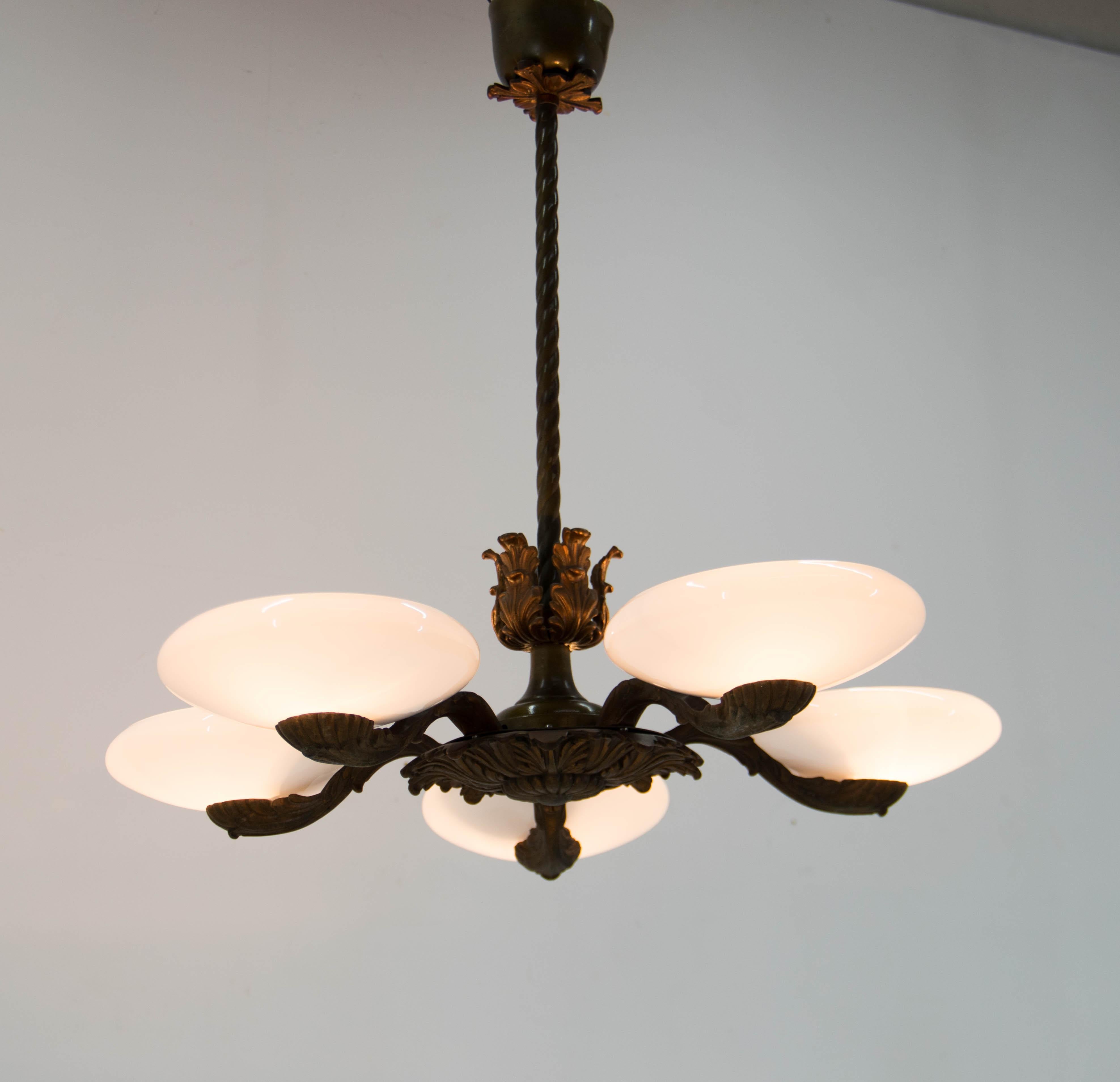 Art Nouveau Metal and Glass Chandelier, 1940s In Good Condition For Sale In Praha, CZ