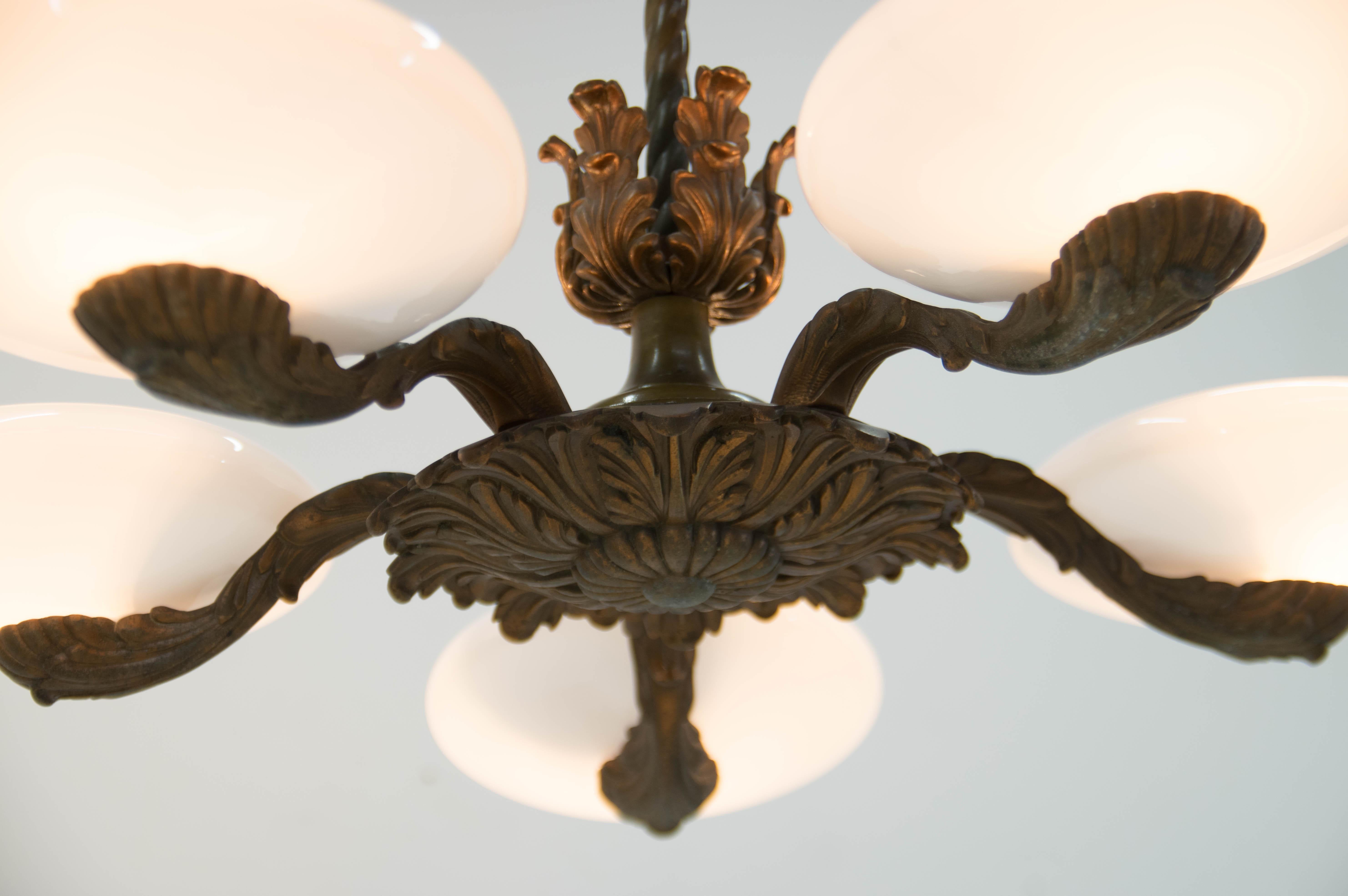 Mid-20th Century Art Nouveau Metal and Glass Chandelier, 1940s For Sale