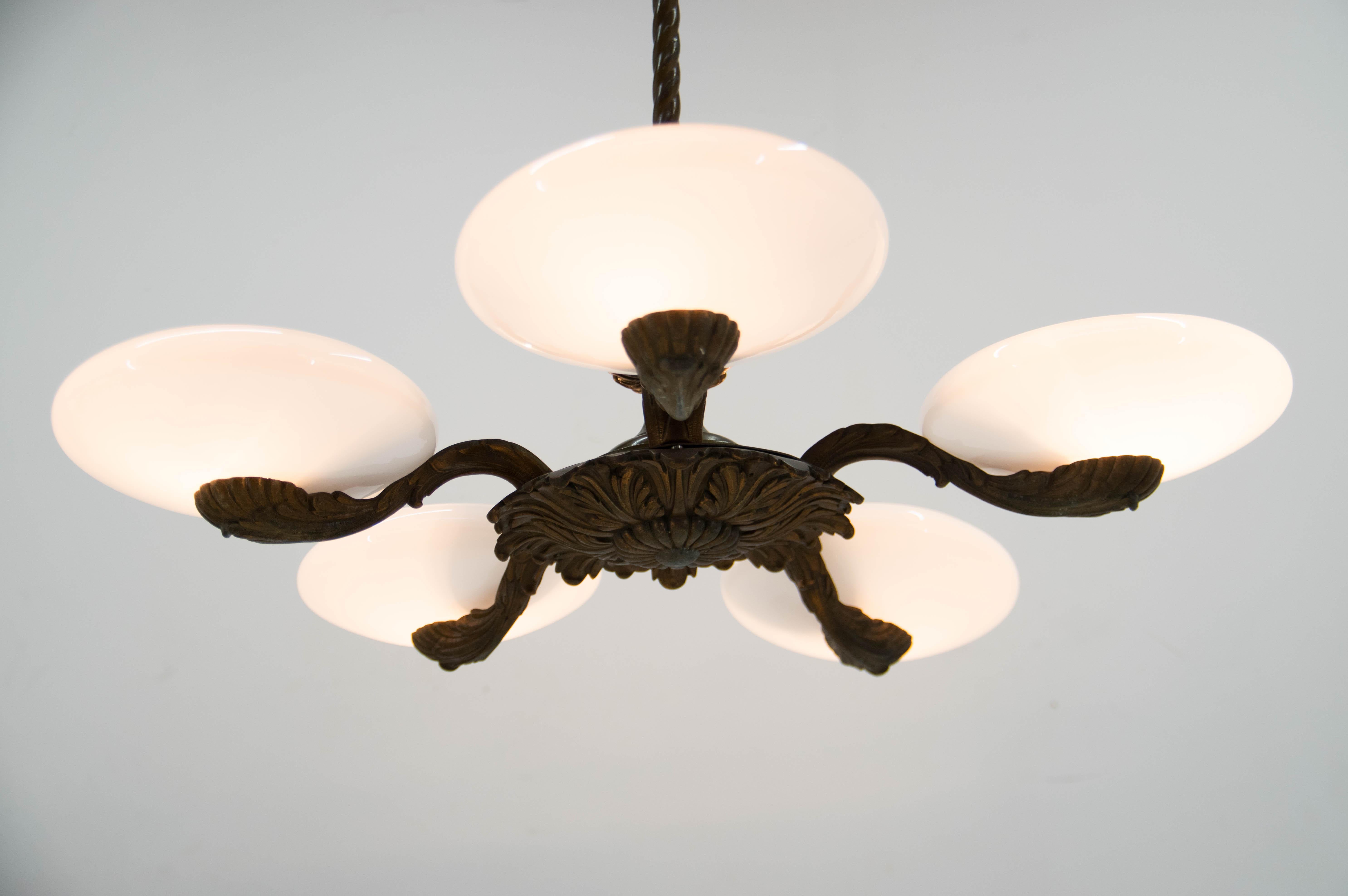 Art Nouveau Metal and Glass Chandelier, 1940s For Sale 1