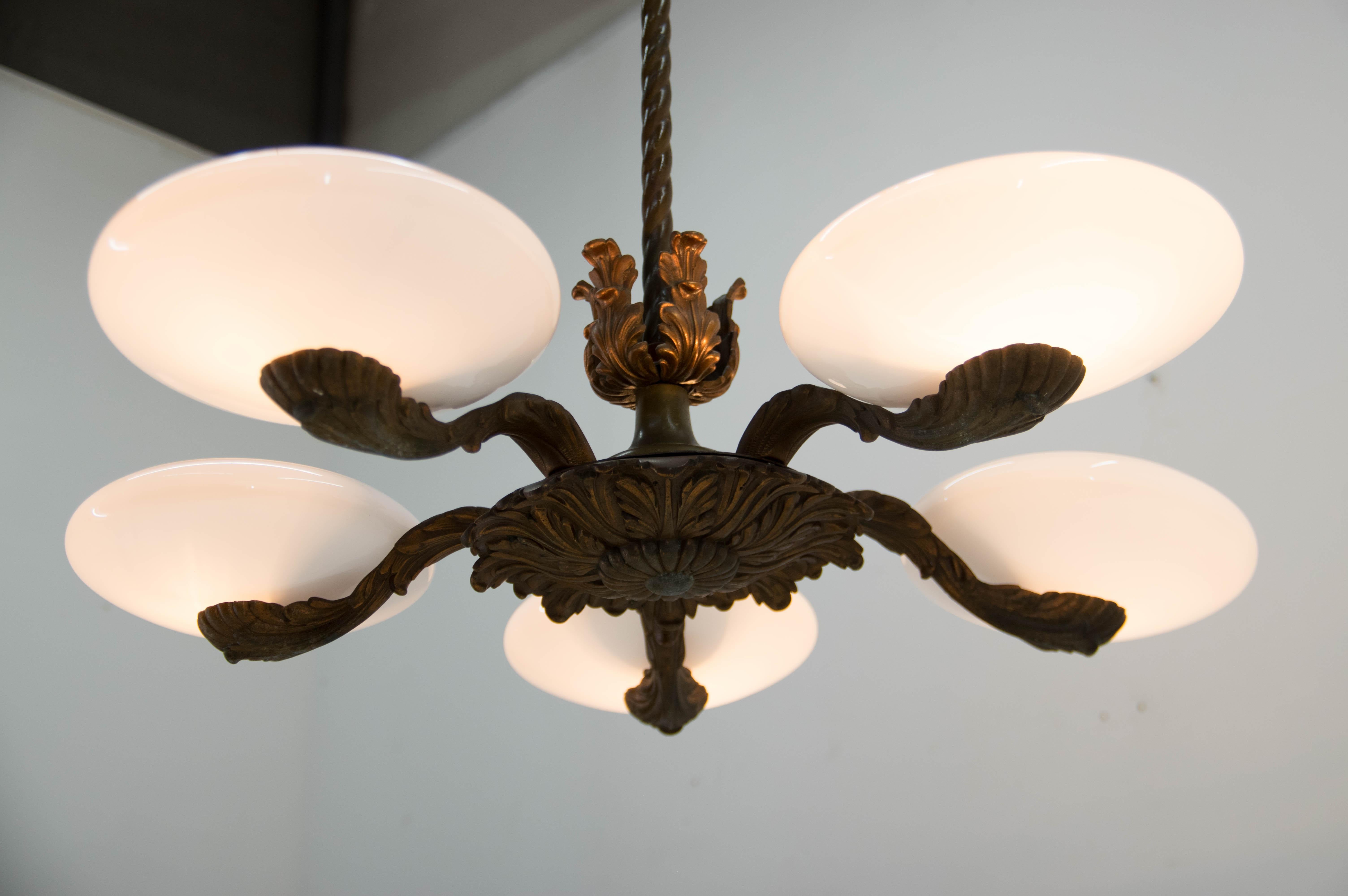 Art Nouveau Metal and Glass Chandelier, 1940s For Sale 2